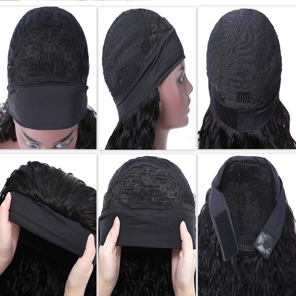 20 Inch Water Wave Human Hair Wigs for Women - Brazilian Virgin Hair Glueless Wavy Wig with Free Headbands, Non Lace Front Protective Style 180% Density - Perfect for Daily Wear, Parties & Protective Styling