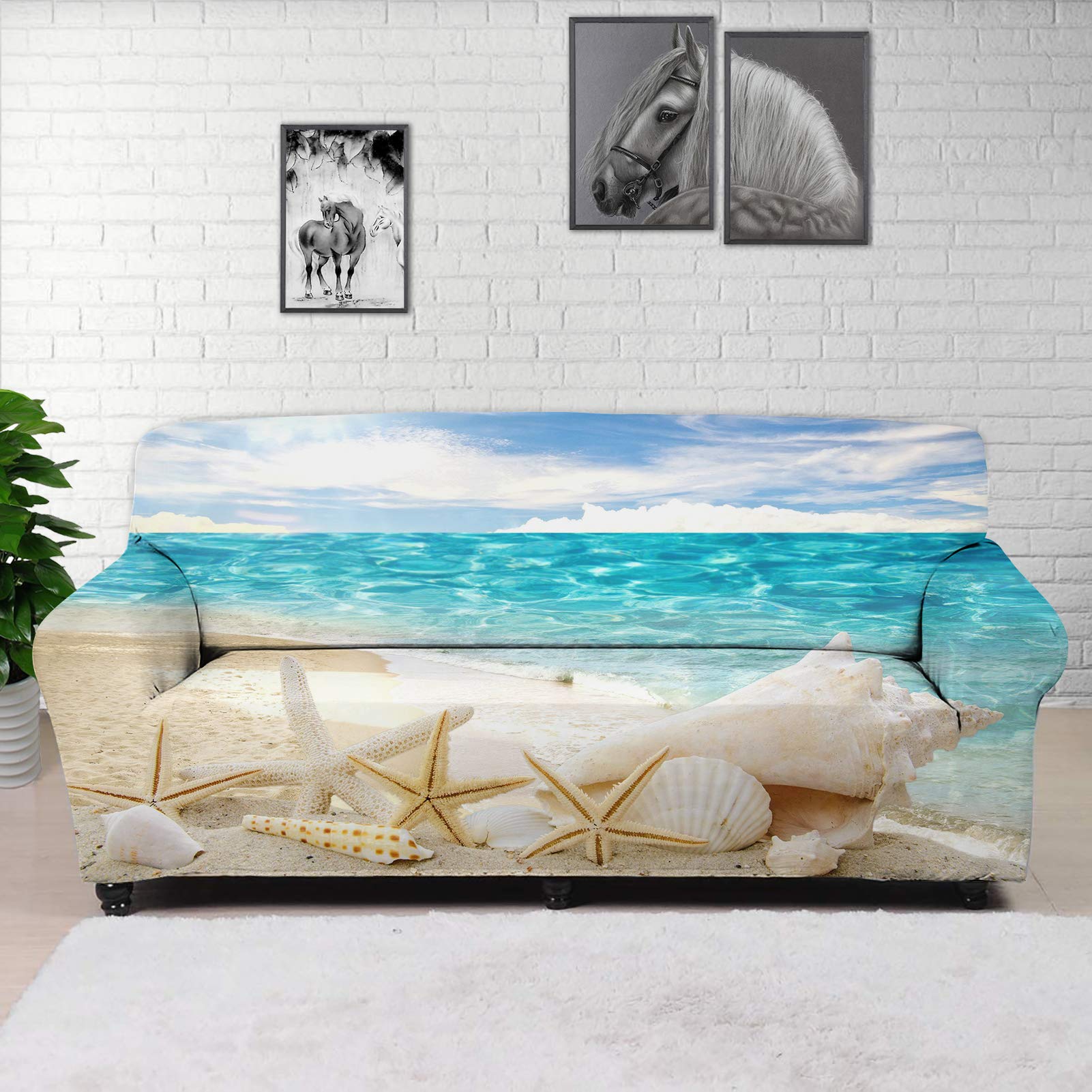 Hawaiian Starfish Beach Print Stretch Sofa Slipcover - Elastic Bottom, Durable & Washable Couch Cover - Fits Most Couches - Perfect for Living Room, Beach House & Vacation Rental Decor
