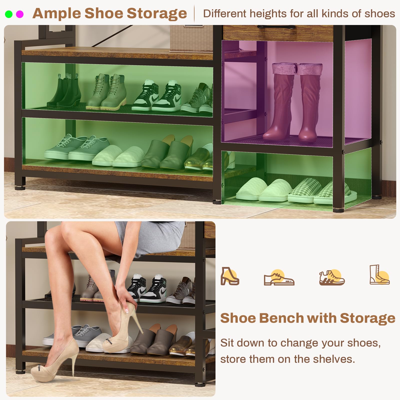 Itaar 7-in-1 Hall Tree Entryway Bench with Coat Rack - Rustic Brown Shoe Storage Organizer, 3 Cubbies & 3 Shelves, 17 Hooks & 2 Fabric Drawers - Perfect for Mudroom, Foyer & Small Space Organization
