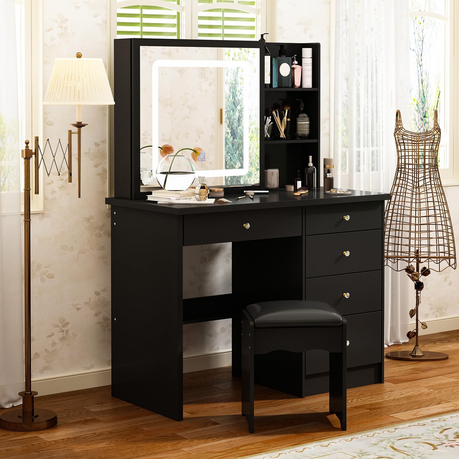 AIEGLE Vanity Desk Set with Lighted Sliding Mirror - 3 Color LED Adjustable Makeup Dressing Table with Hidden Storage Shelves, Cushioned Stool (Black) - Perfect for Bedroom, Dorm Room & Beauty Salon Makeup Station