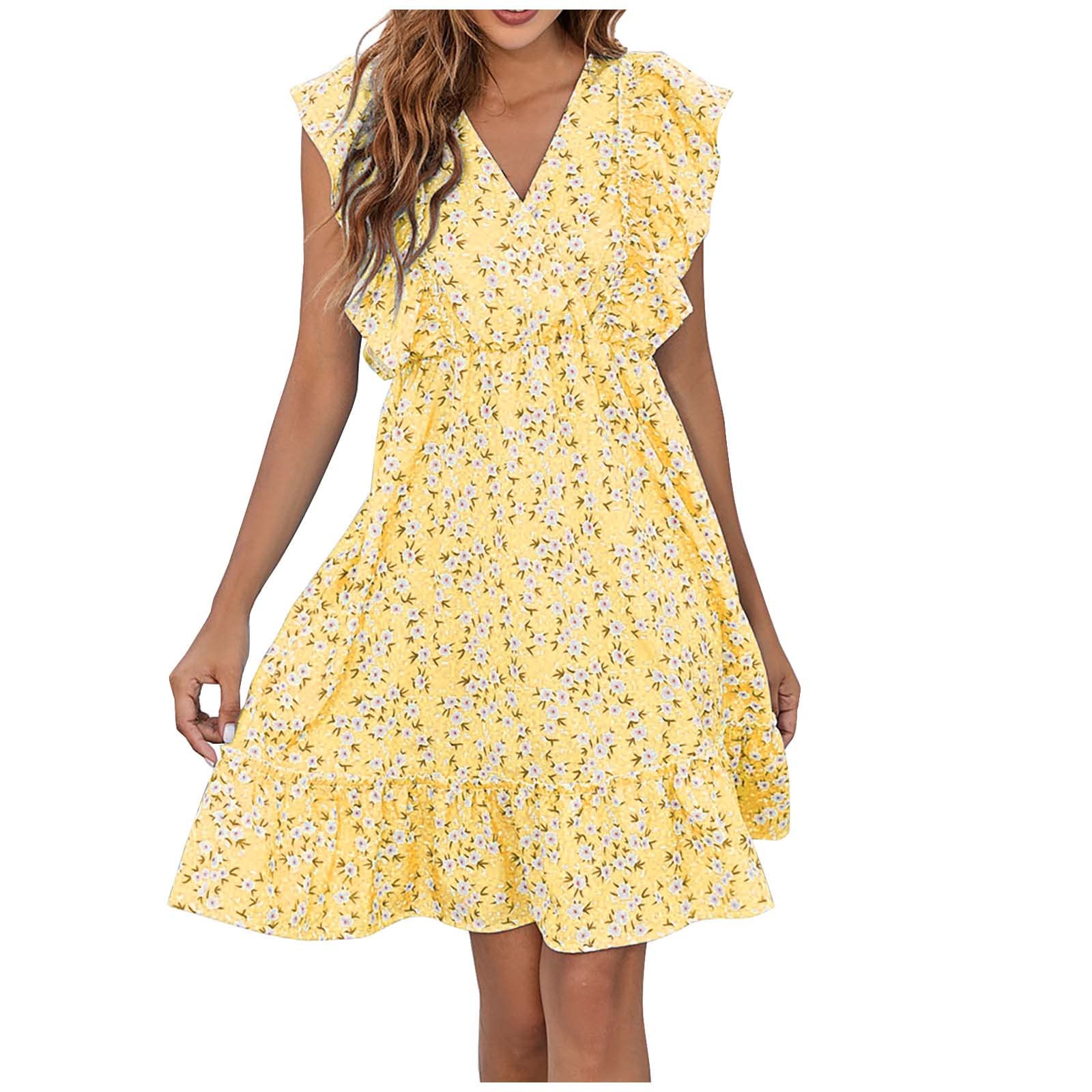 Stylish Huneny Women's Summer V-Neck A-Line Tunic Dress - Floral Printed Casual Mini Dress with Ruffle Sleeves | Perfect for Beach Vacations, Date Nights & Summer Parties