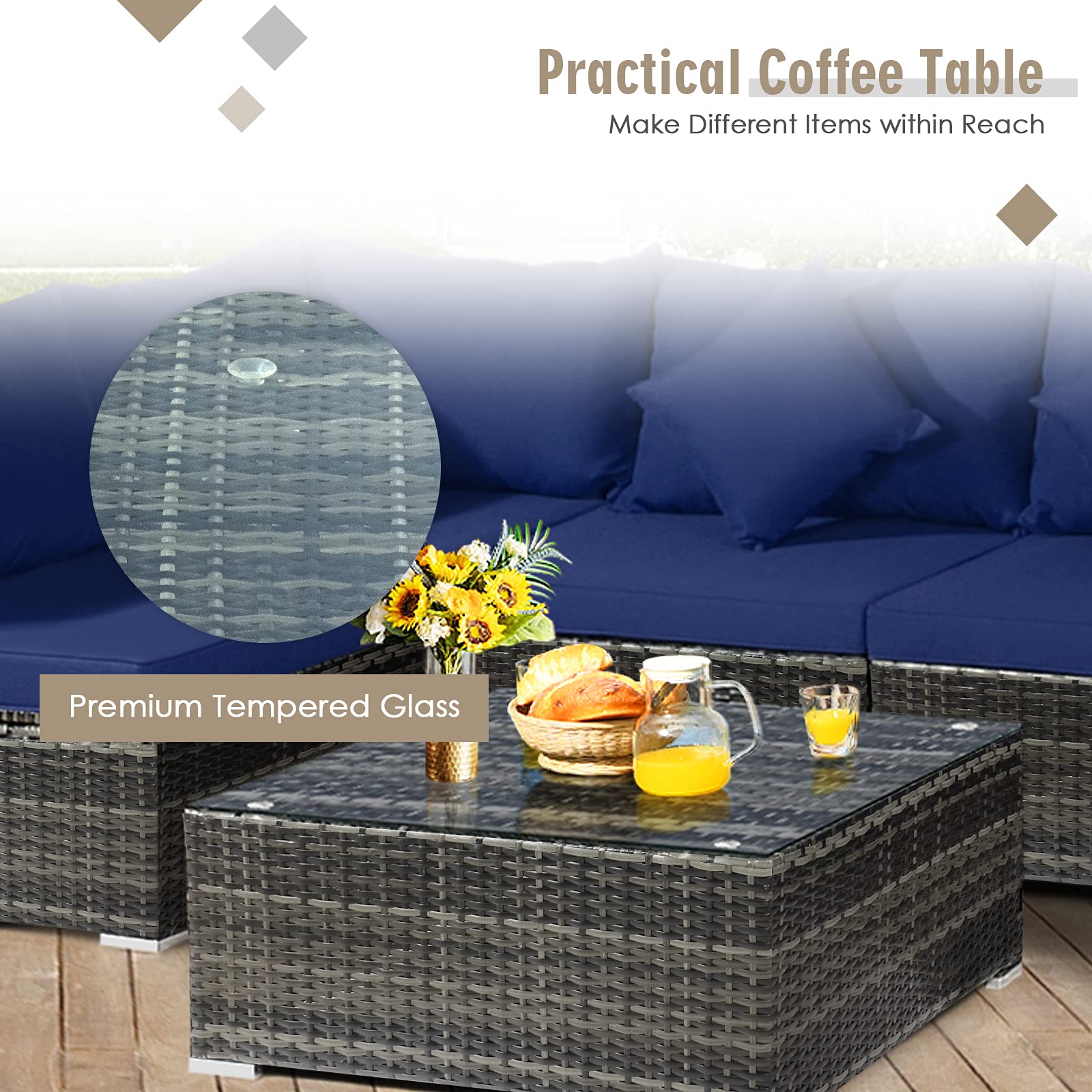 7-Piece Outdoor Patio Furniture Set - All-Weather PE Rattan Sectional Sofa with Cushions & Tempered Glass Coffee Table - Navy Blue Conversation Set for Backyard, Garden, Poolside or Deck Relaxation
