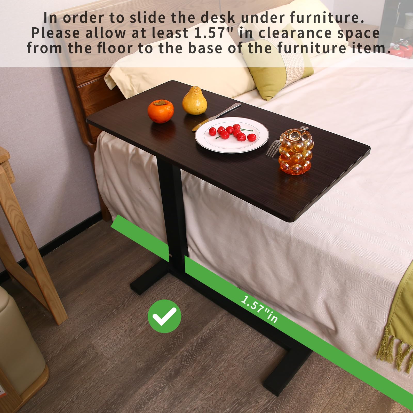 Adjustable Overbed Bedside Table with Swivel Wheels & Pneumatic Height Adjustment - Mobile Workstation for Home, Hospital & Office Use - Black Walnut Finish for Bedroom, Patient Care & Workspace Convenience