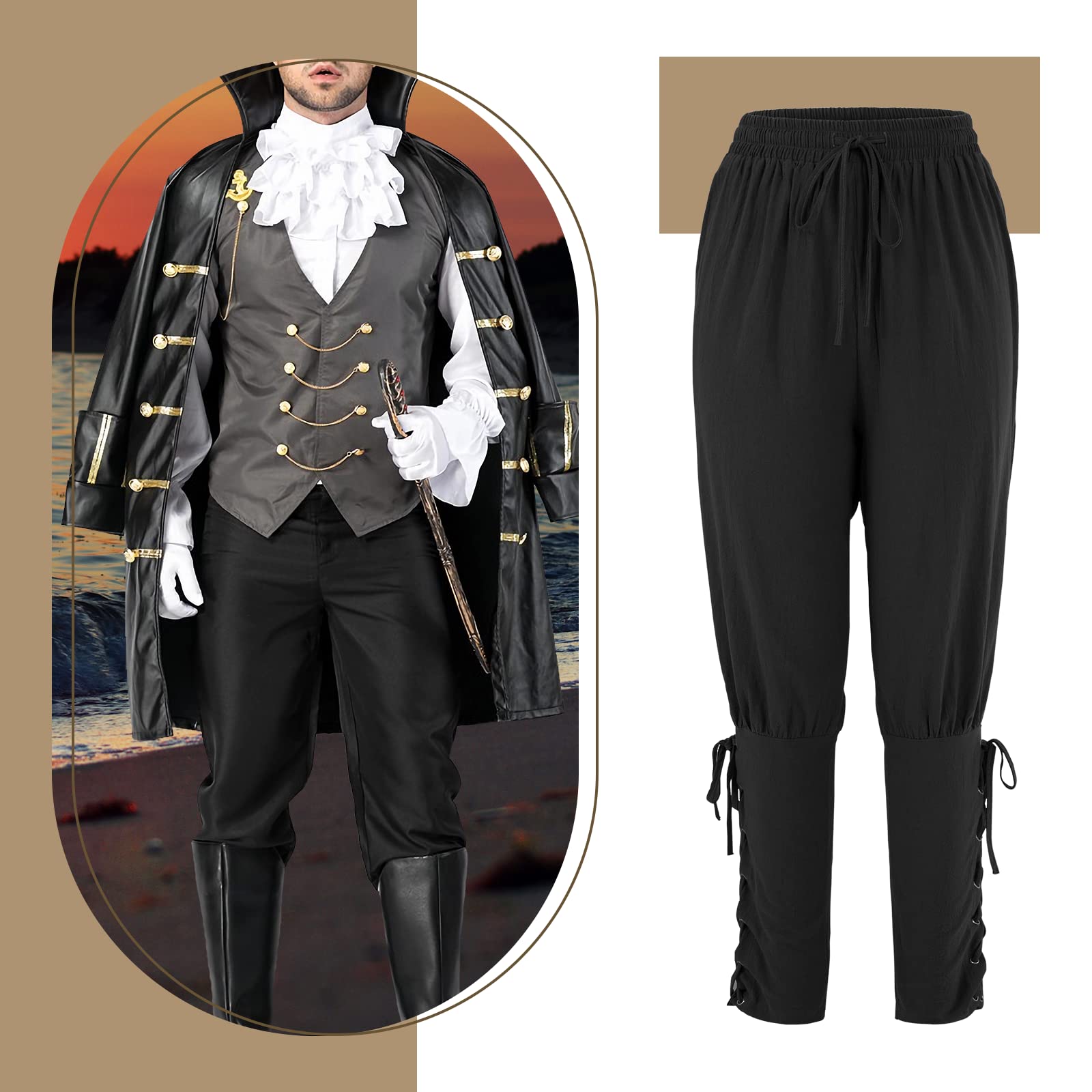 Men's Pirate Pants - Medieval Viking Navigator Cosplay Costume with Drawstring Ankle Bands | Perfect for Renaissance Fairs, Halloween Parties & LARP Events