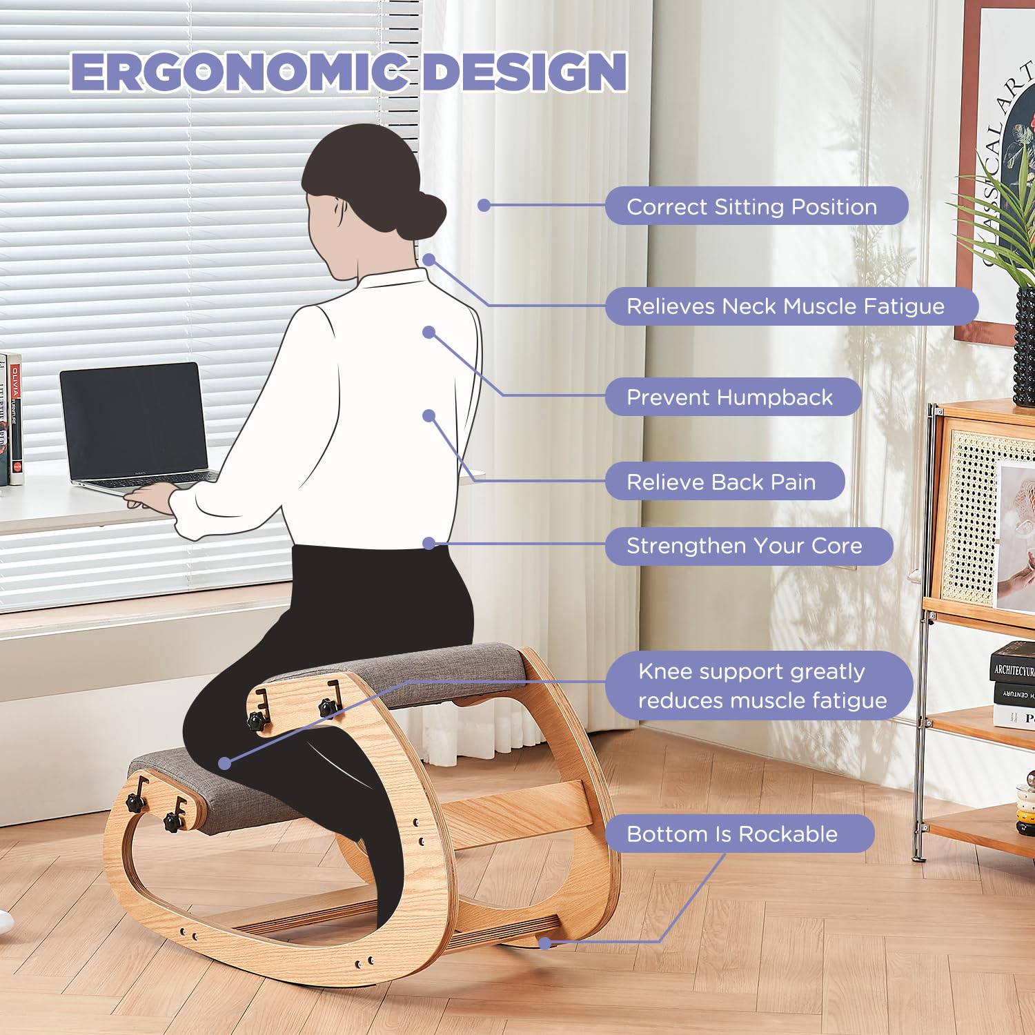 Ergonomic Kneeling Chair - Adjustable Rocking Knee Stool for Home Office & Meditation, Wooden Posture Corrector Chair for Back Pain Relief (Grey) - Perfect for Desk Work, Yoga & Reading