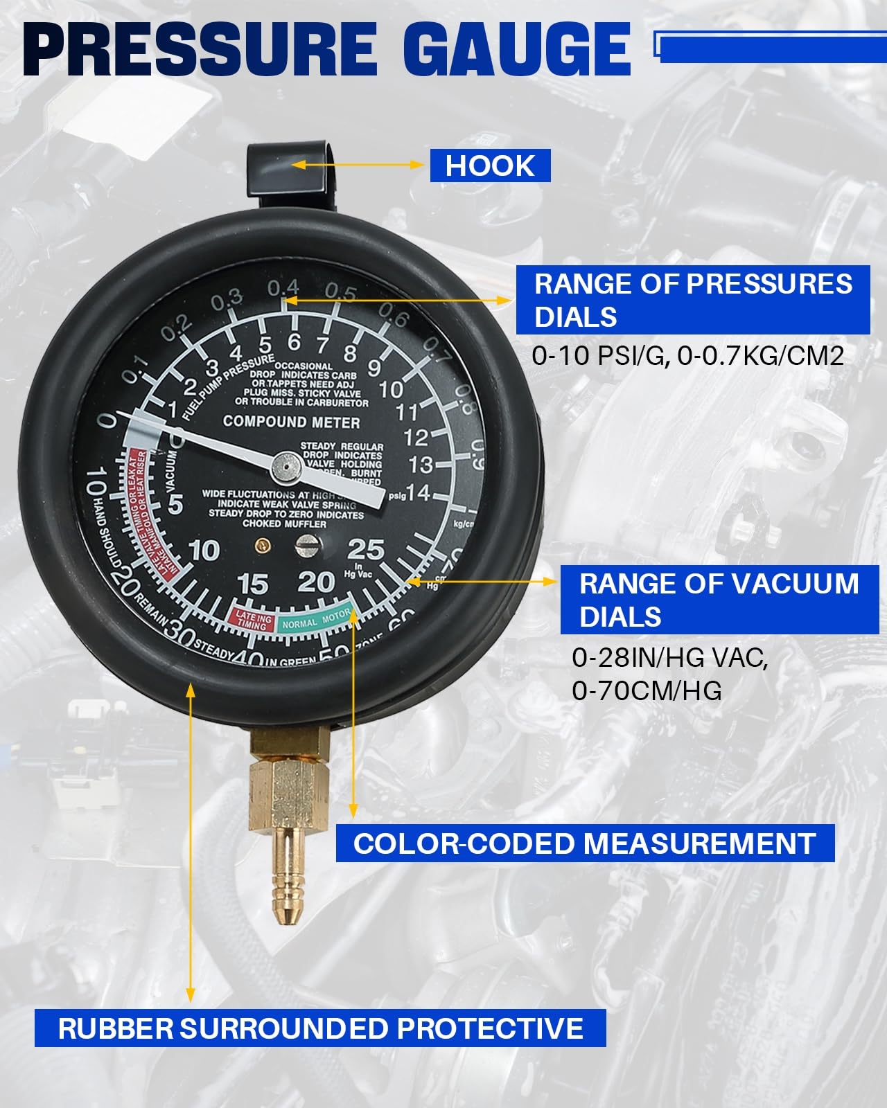 DASBET Professional Car Vacuum Tester & Fuel Pump Pressure Gauge Kit - Automotive Diagnostic Tool for Carburetor Leak Testing, Engine Performance Analysis - Perfect for Mechanics, DIY Auto Repair & Vehicle Maintenance