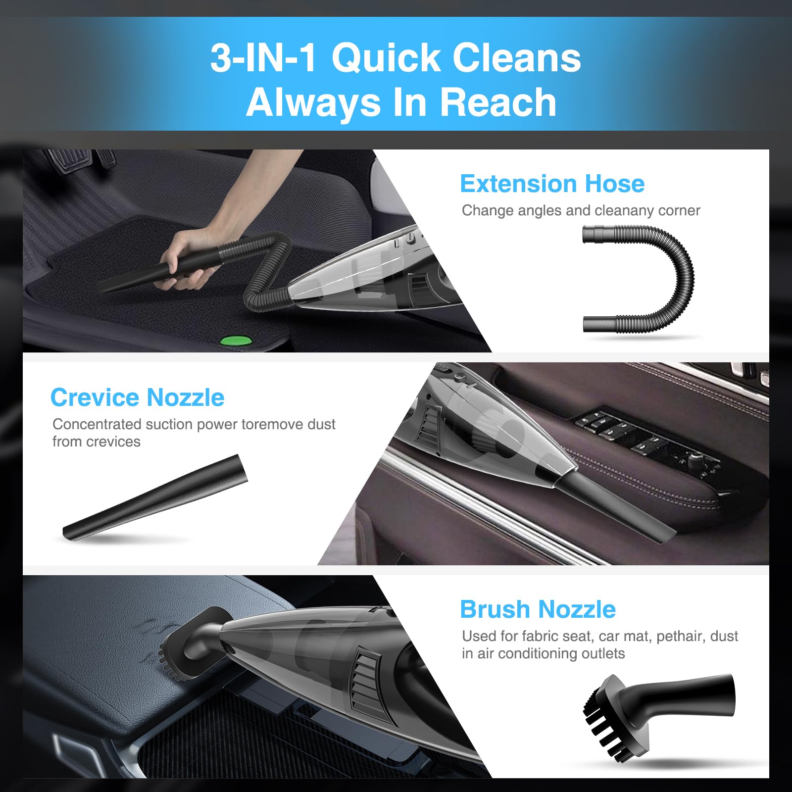 Powerful 11000PA Portable Car Vacuum Cleaner - 12V DC, 0.5L Capacity, High Suction for Pet Hair & Dust - Ideal for Cars, Home, Office & Travel Use