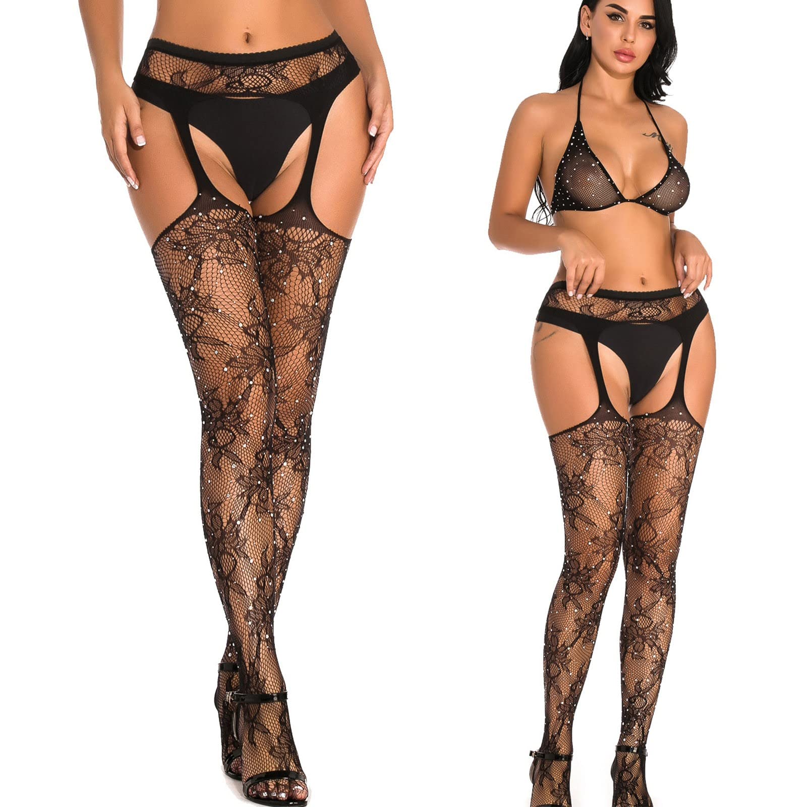 Sexy Hollow Suspender Panties for Women - Diamond Lace Stockings & Long Tube Socks - Perfect for Valentine's Day, Boudoir Photography, and Intimate Occasions