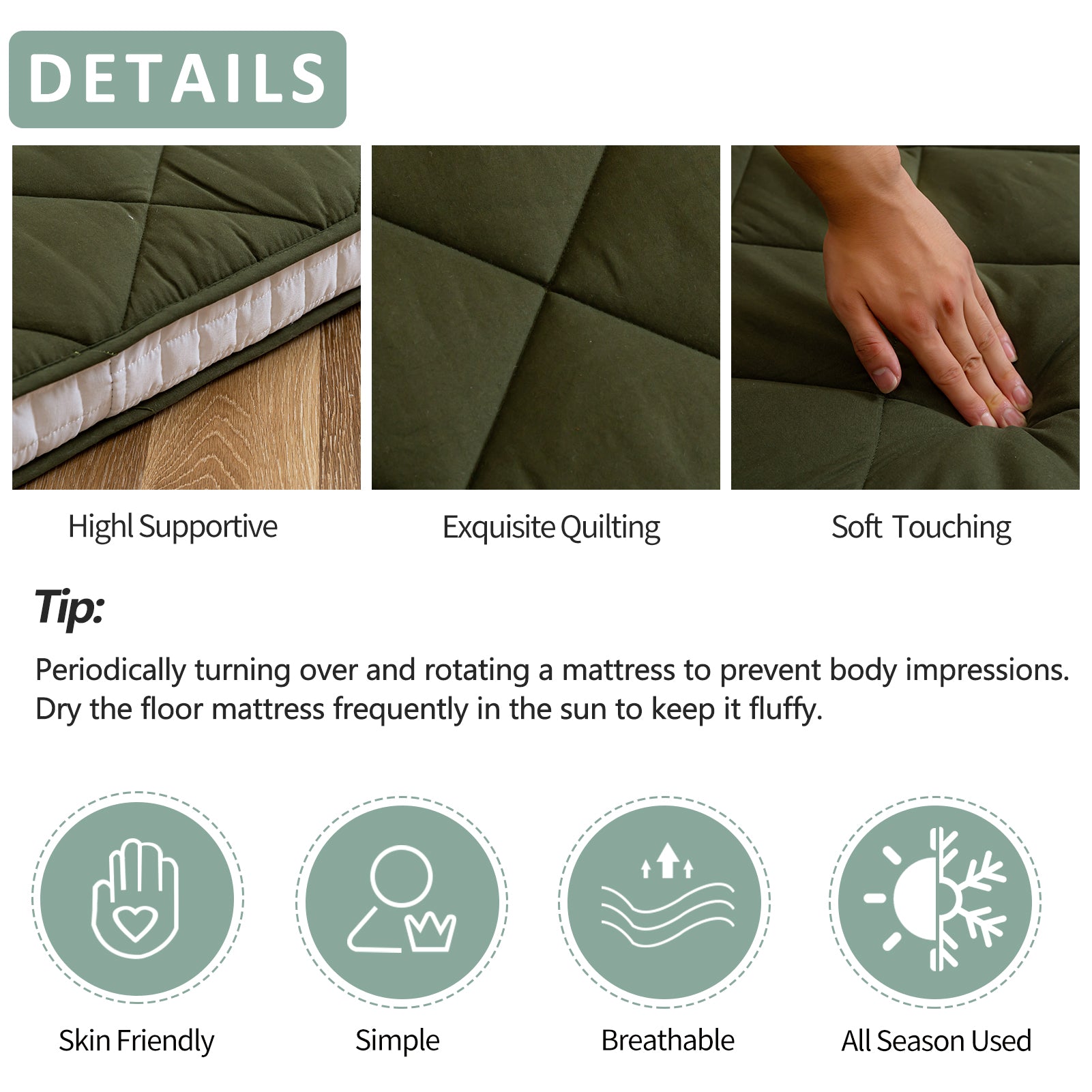 MAXYOYO Diamond Patterned Padded Japanese Floor Mattress - Extra Thick Quilted Mattress Topper in Green | Perfect for Guest Beds, Meditation & Small Spaces