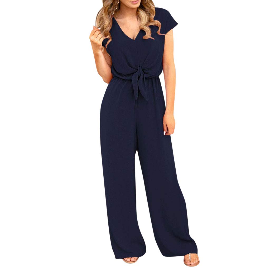 Vacger Women's Summer Pajama Jumpsuit - V Neck Lace Up Short Sleeve Romper Playsuit for Casual Wear & Lounge | Perfect for Sleepwear, Home Relaxation, and Vacation Outfits