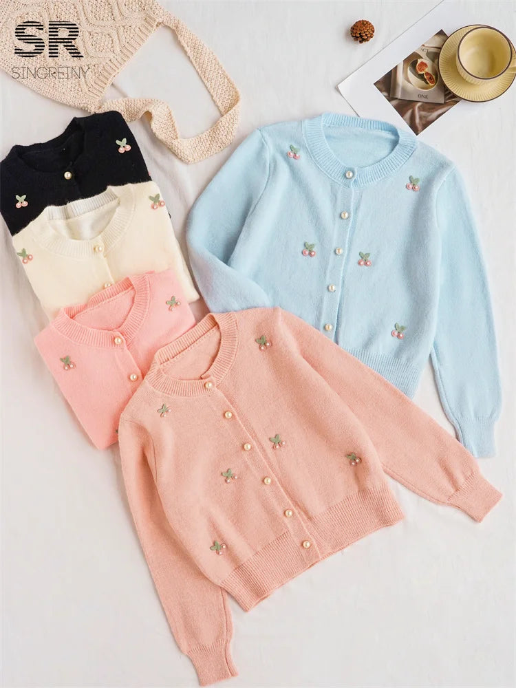 Cherry Beading Design Sweater for Women - Elegant Knit Pullover with Floral Embroidery - Perfect for Casual Outings, Office Wear & Date Nights