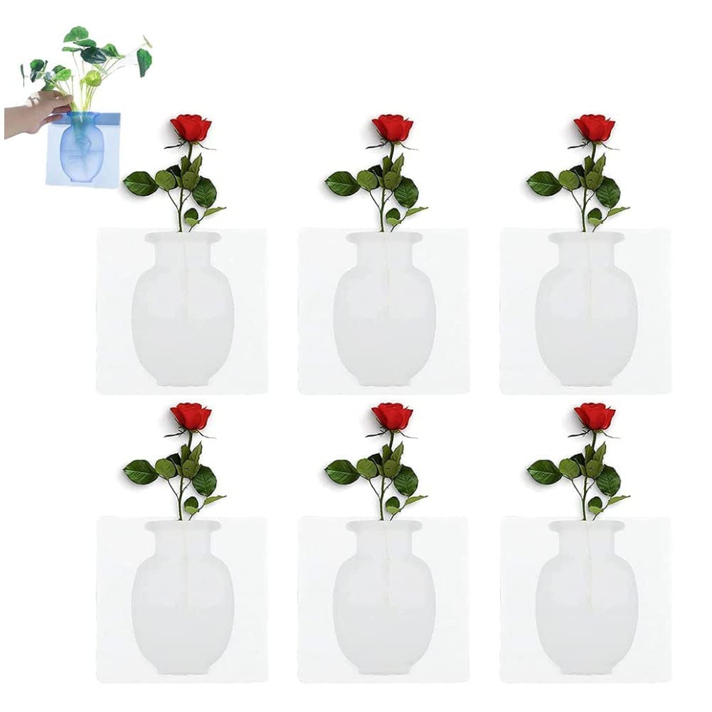 3/6 PCS Reusable Silicone Flower Vases - Magic Sticky Wall-Mounted Pots for Glass, Windows & Fridge Doors | Transparent & Removable | Perfect for Home Decor, Office & Gift Giving (6PCS Set)