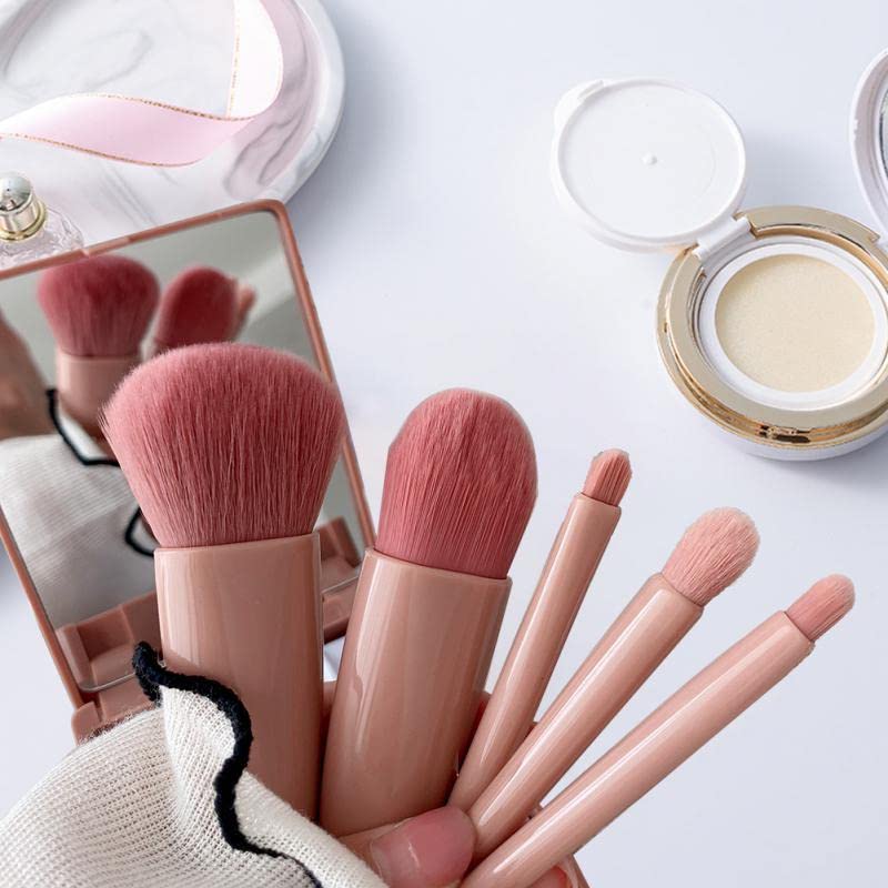 MINISO 5-Piece Travel Makeup Brush Set with Mirror & Case - Lip, Blending, Powder & Eyeshadow Brushes - Portable Cosmetic Kit for On-the-Go Makeup Application | Perfect for Travel, Gym & Touch-Ups