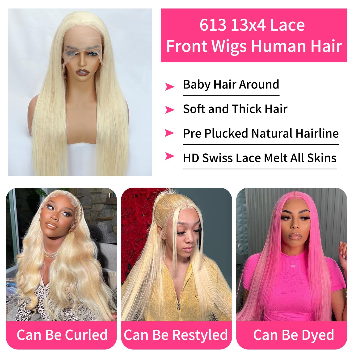 613 Blonde Human Hair Wig 30 Inch Straight HD Lace Front Wig - 180% Density 13x4 Lace Frontal with Baby Hair & Pre-Plucked Hairline | Glueless Wear for Daily Use, Cosplay, Parties & Special Occasions