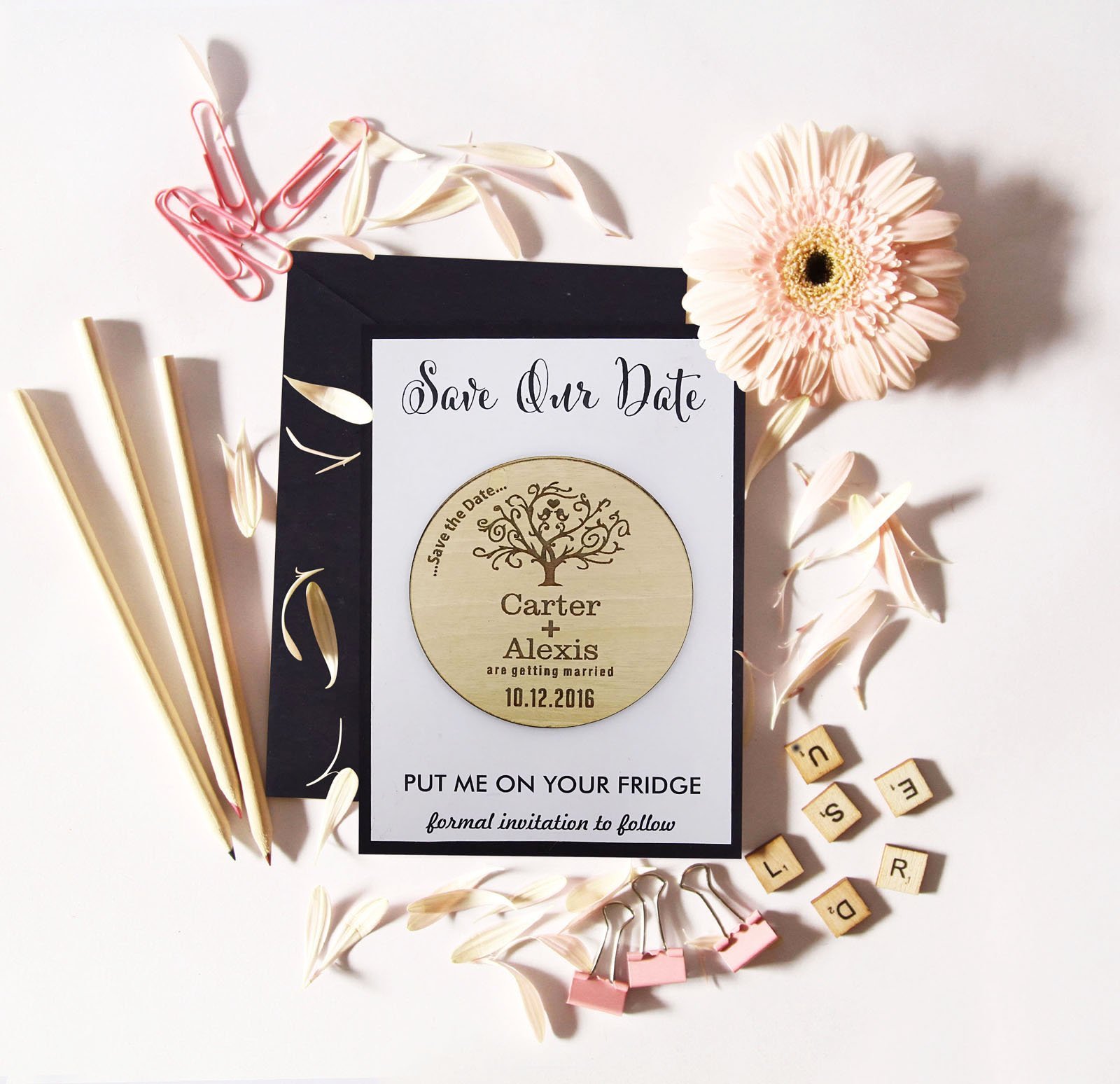 Personalized Rustic Wooden Save The Date Magnets - Custom Engraved Wedding Announcement Idea for Invitations, Bridal Showers & Anniversary Celebrations
