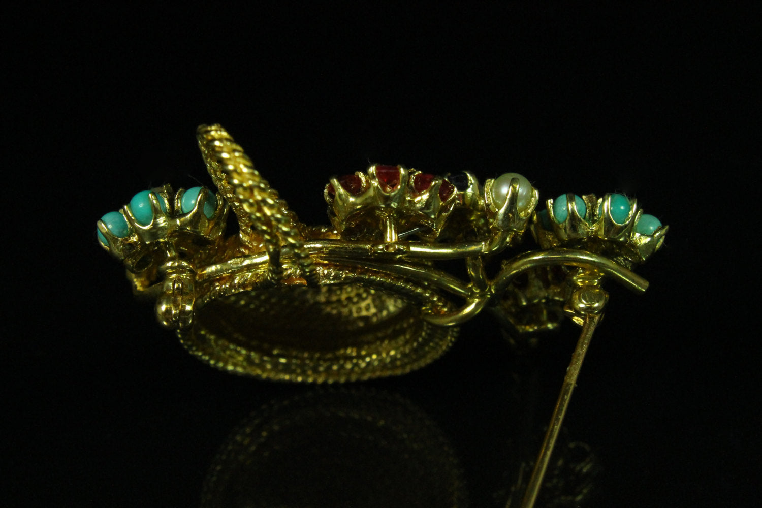 1.15tcw Multi Gemstone & Gold Basket Brooch 14k Yellow Gold - Vintage Jewelry for Women, Elegant Pin for Blazers, Scarves & Special Occasions