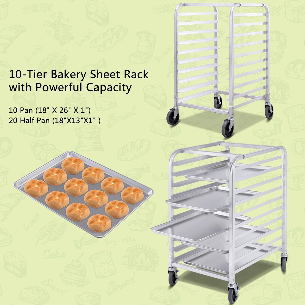 Giantex 10-Tier Aluminum Bakery Rack - Heavy Duty Commercial Kitchen Storage Rack with Lockable Wheels for Sheet Pans, Baking Trays & Cooling Racks | Ideal for Restaurants, Bakeries & Home Kitchens