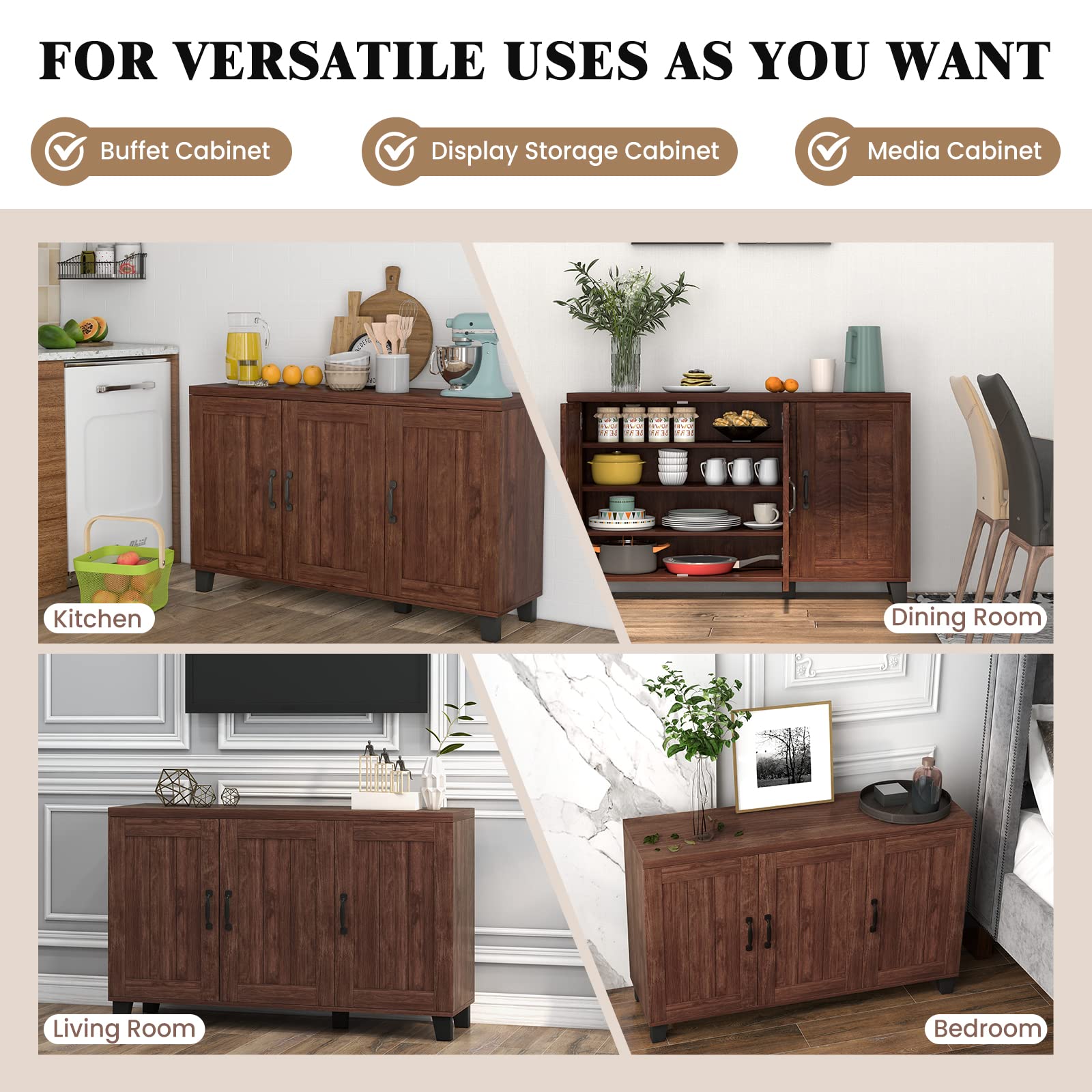 Giantex 3-Door Buffet Cabinet with Adjustable Shelves & Cable Management - Kitchen Storage Cupboard, Coffee Bar Console for Living Room - Anti-Tip Design, Brown (Perfect for Dining Room Storage & Home Organization)