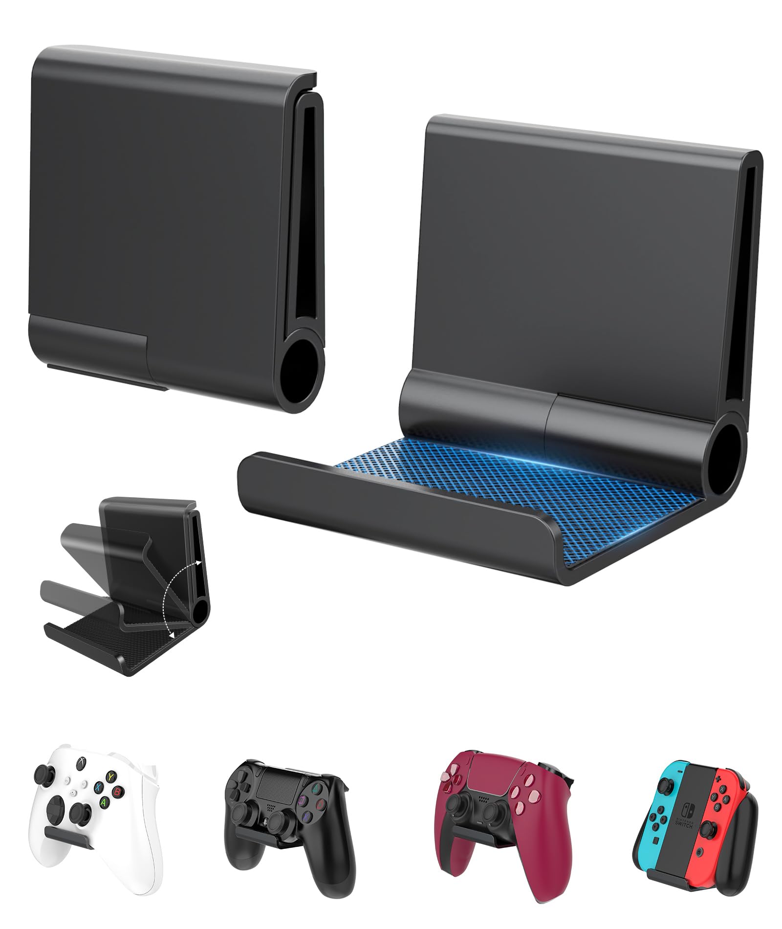 4 Pack Foldable Wall Mount Holder for Xbox PS5 PS4 PS3 Switch Pro - Strong Adhesive & Screw Mount Controller Stand with Anti-Slip Pad - Universal Gaming Remote & Headphone Accessories - Perfect for Organized Gaming Setup & Space Saving