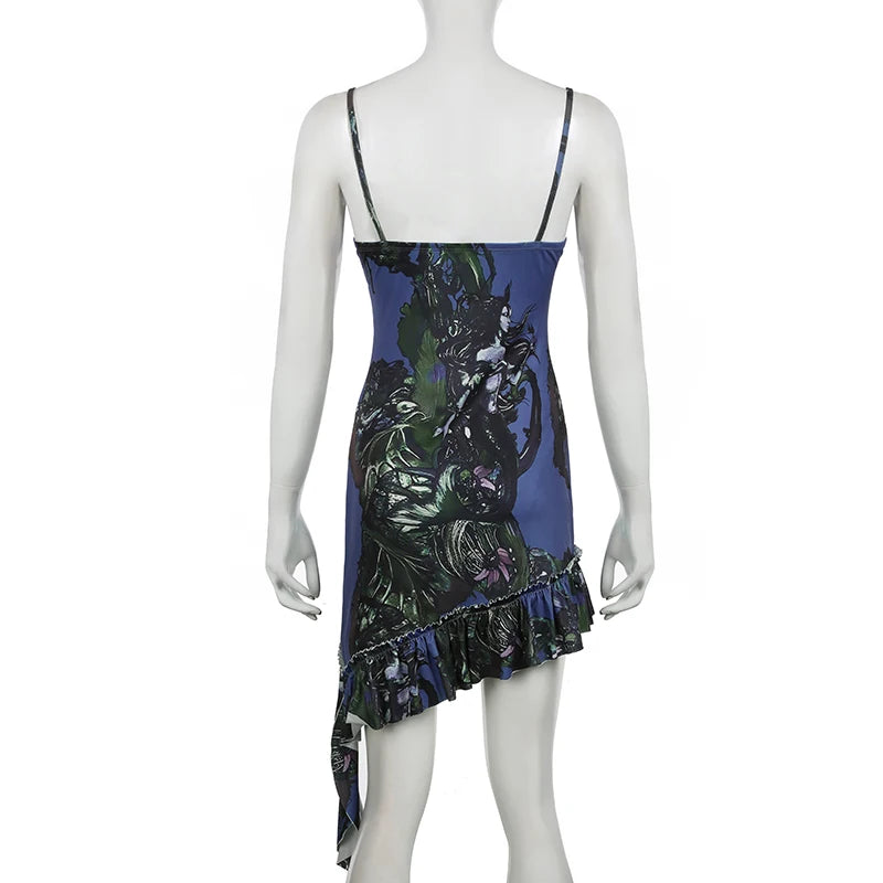 Y2K Asymmetrical Strap Bodycon Mini Dress for Women - Sexy Graphic Print Ruched Ruffles Party Dress, Grunge Fairycore Sundress for Clubbing, Date Night & Summer Outfits