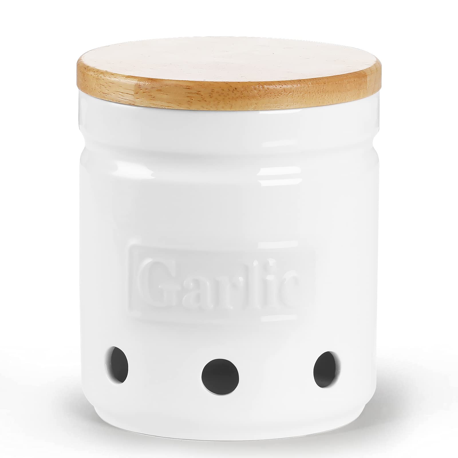 Large Ceramic Garlic Keeper with Wooden Lid - 4.5 Inch White Garlic Storage Container for Kitchen - Preserves Garlic Freshness Longer - Perfect for Countertop, Pantry & Farmhouse Style Kitchens