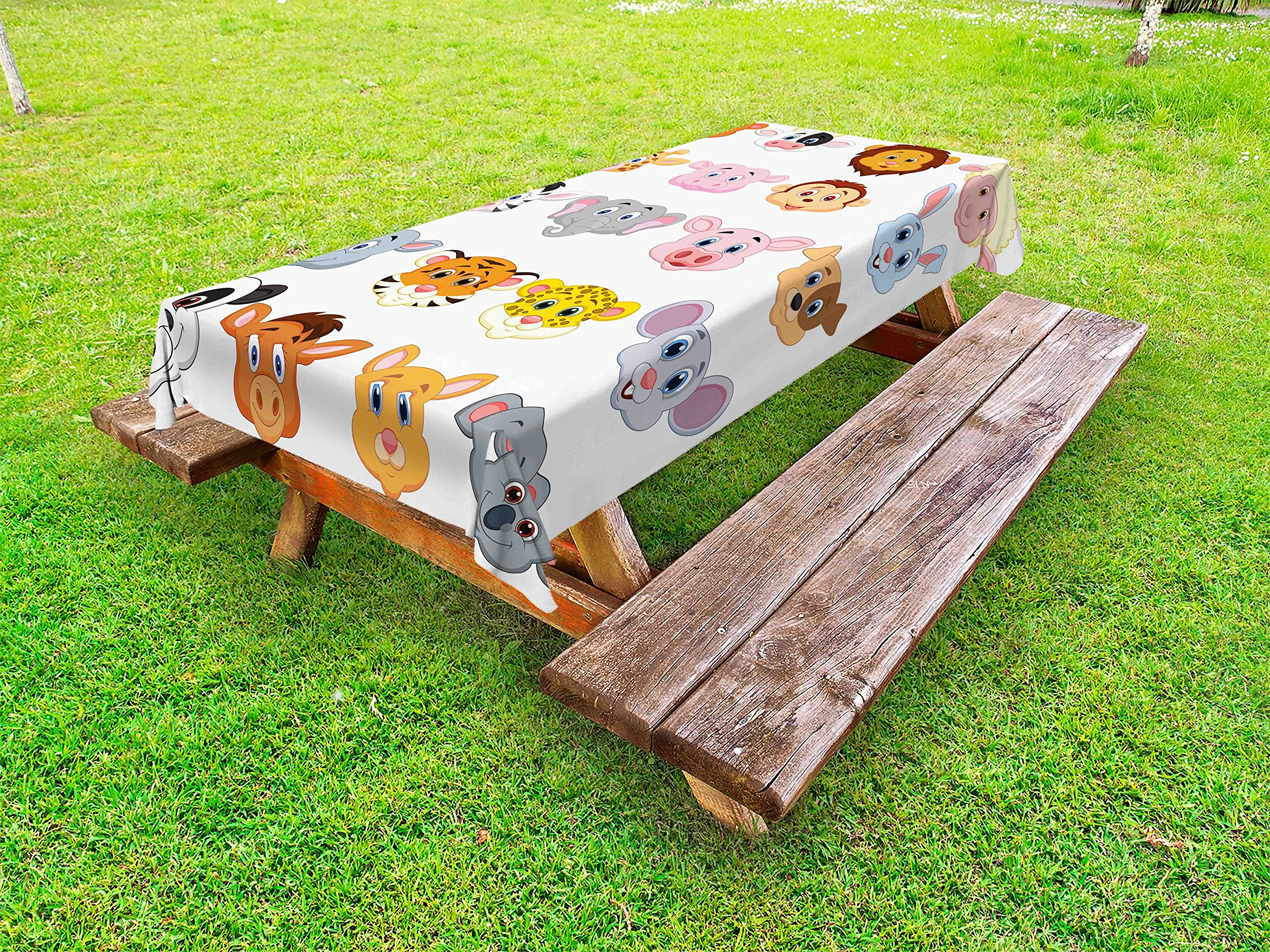 Ambesonne Cartoon Animal Print Outdoor Tablecloth - Happy Farm & Savannah Theme with Lions, Pigs, Cows - Colorful Washable Picnic Table Cover 58
