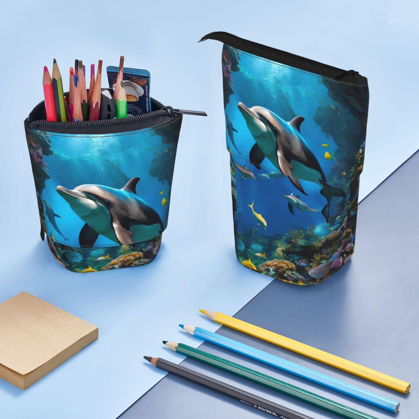 3D Underwater World Fish Dolphin Print Telescopic Pencil Case - Versatile Stationery & Makeup Storage Organizer for School, Office, Travel & Art Supplies | Waterproof & Durable Design