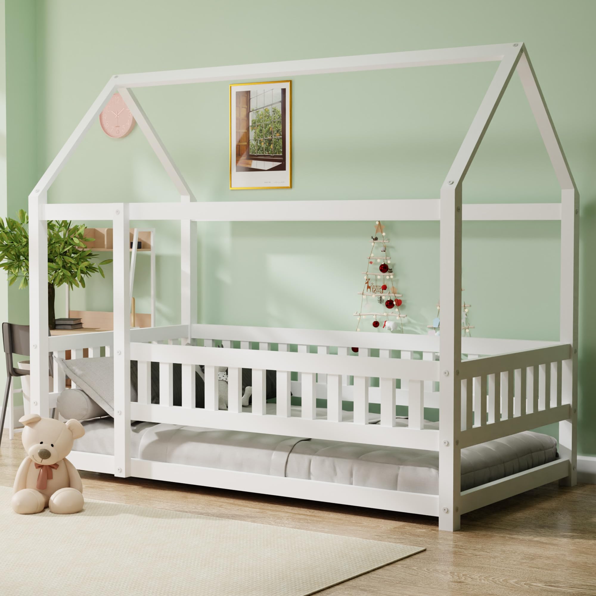 Montessori Twin Size Wooden Floor Bed with High Safety Fence & Slats - House Style Kids Bed for Boys & Girls, No Box Spring Required, Easy Assembly, White - Perfect for Montessori Rooms, Toddler Bedrooms & Play Areas