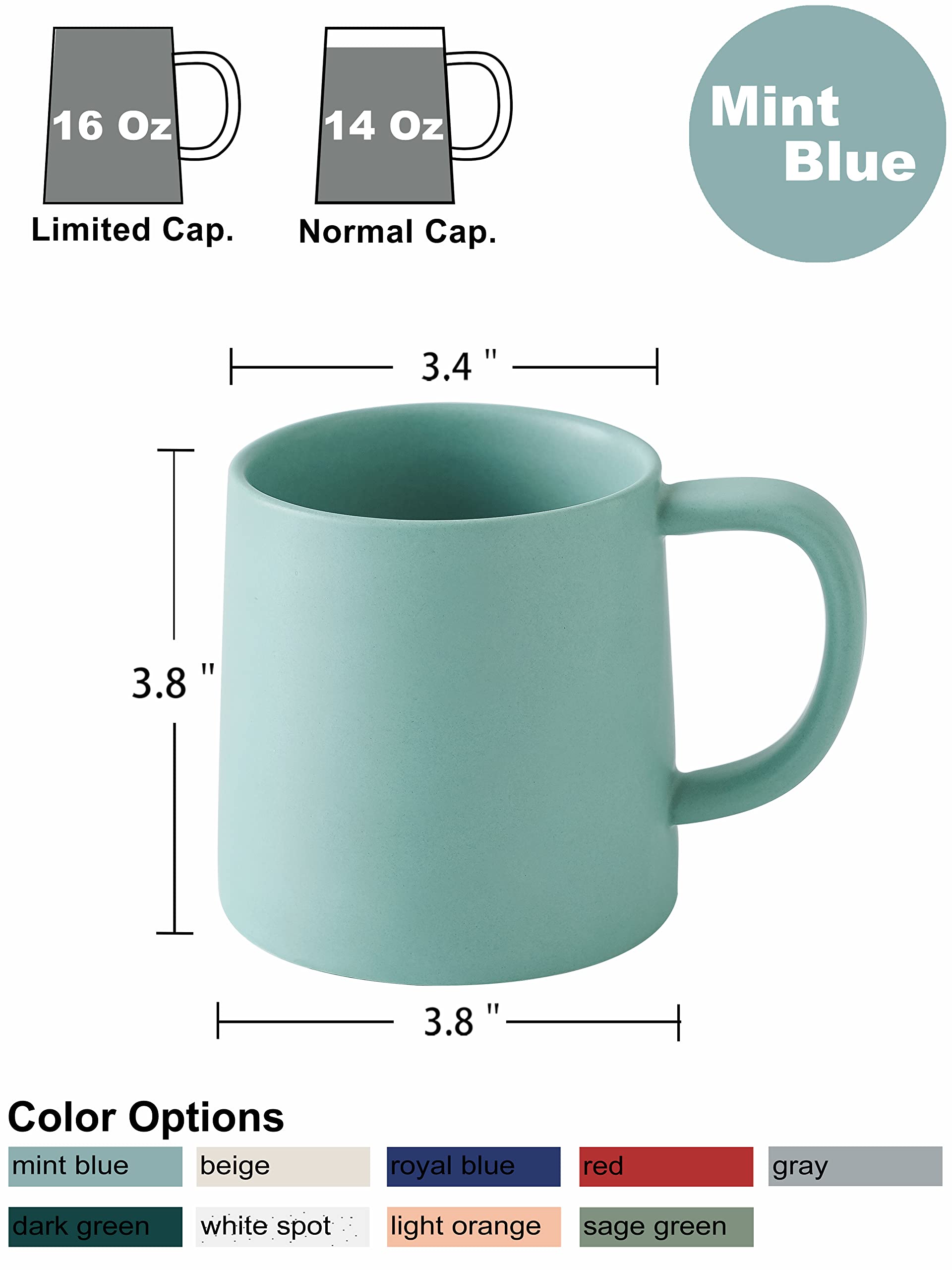 16 Oz Ceramic Coffee Mugs - Matte Mint Blue Solid Color Coffee Cup (Set of 1) - Perfect for Home, Office & Gifts - Durable & Stylish Drinking Mug for Coffee, Tea & Hot Beverages