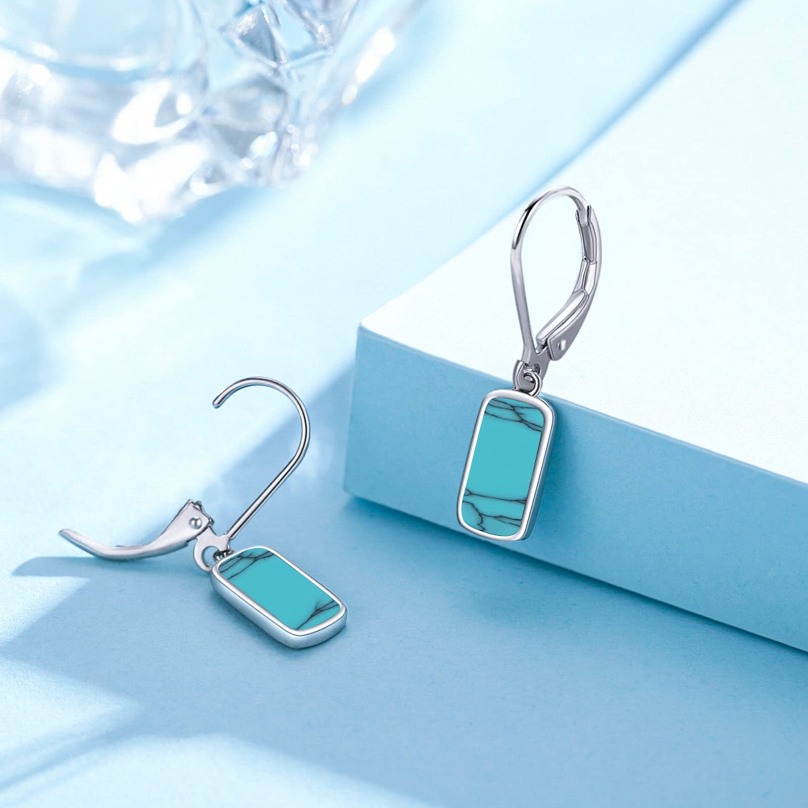 Turquoise Dangle Earrings for Women - S925 Sterling Silver Rectangle Leverback Earrings with Natural Gemstone | Boho Chic Jewelry for Party, Wedding & Everyday Wear