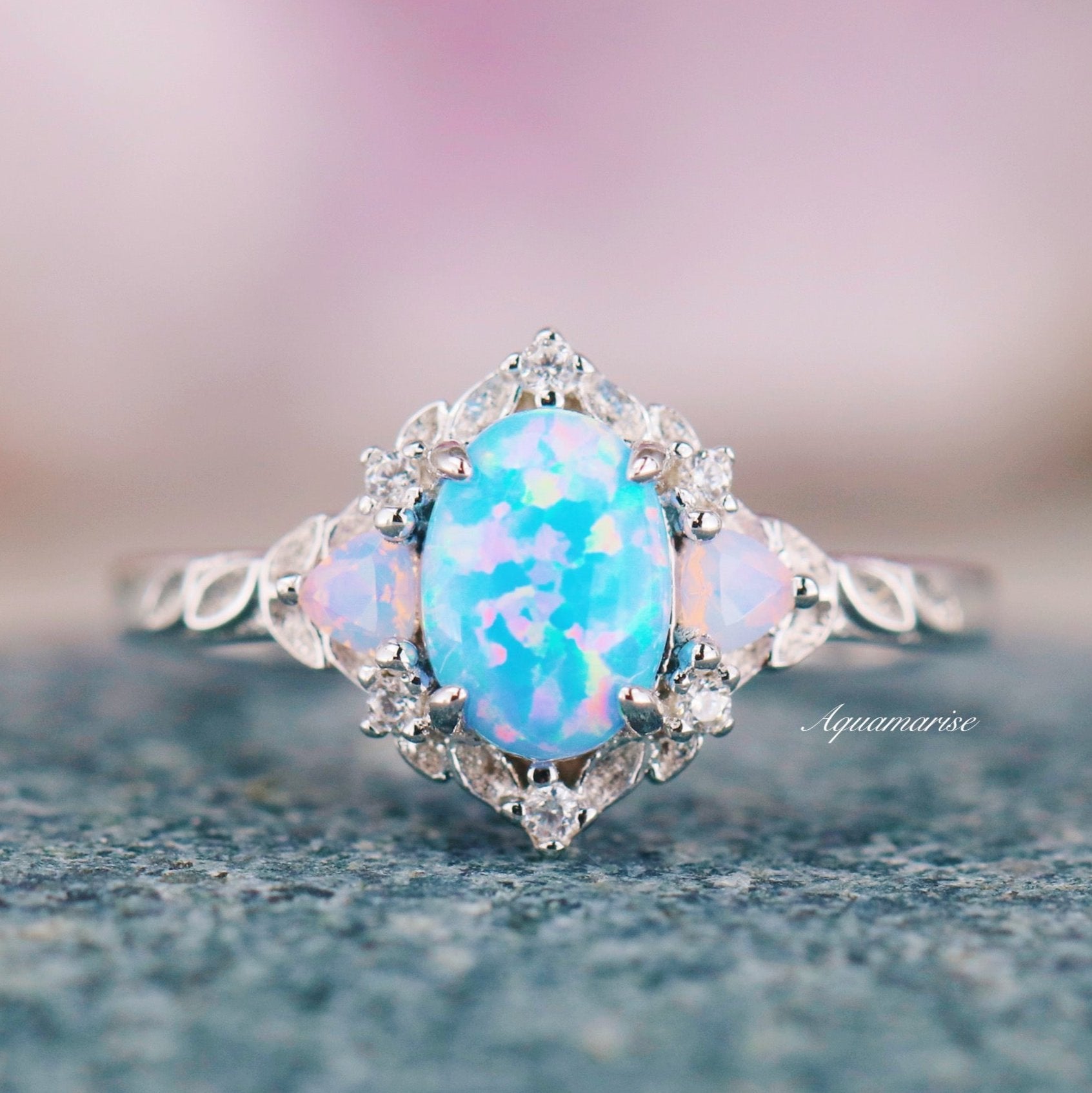 Blue Fire Opal & Opalescent Sapphire Leaf Fairy Ring - 925 Sterling Silver Jewelry for Women - Perfect for Weddings, Parties & Special Occasions