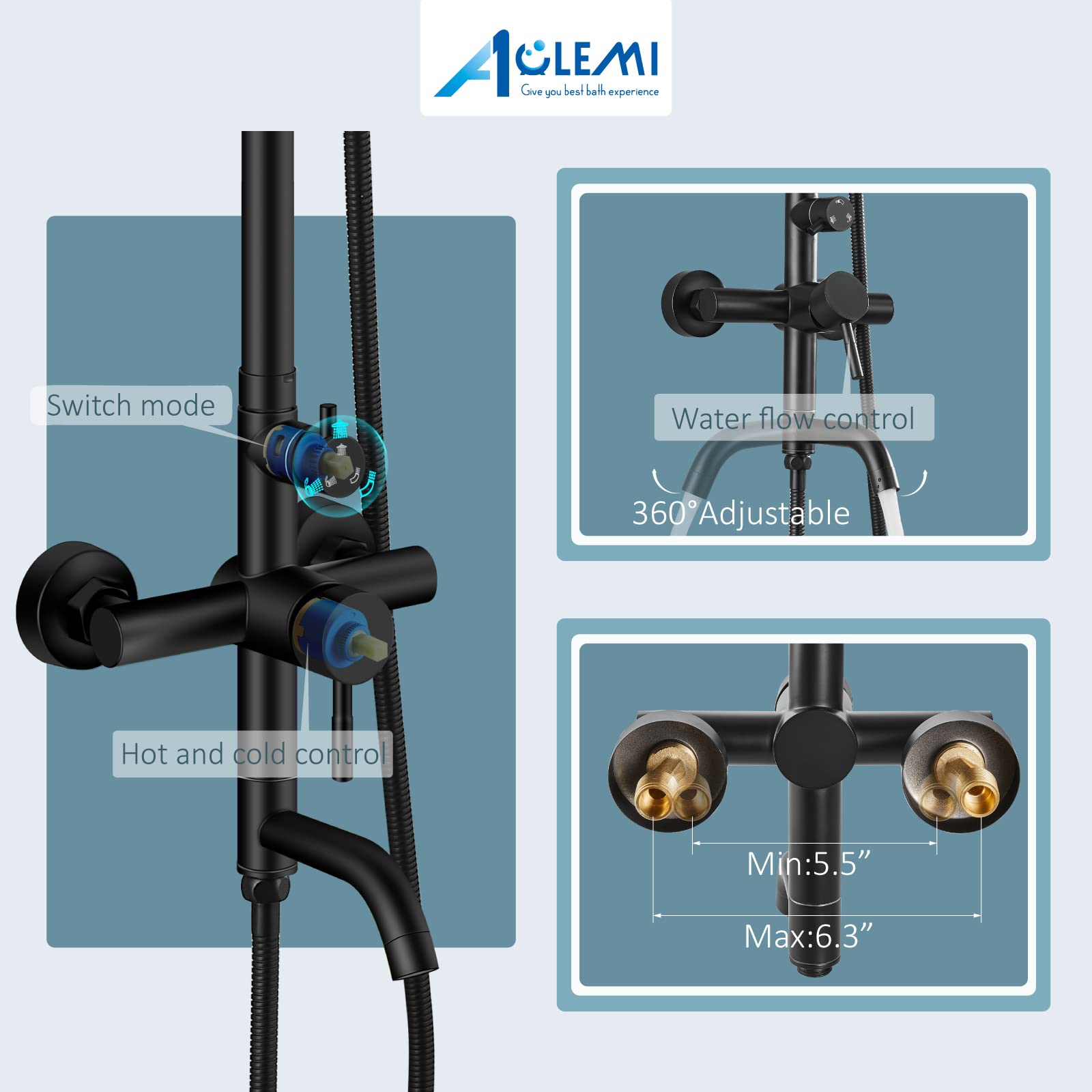 Aolemi Matte Black Outdoor Shower Faucet - SUS304 Stainless Steel 8 Inch Rainfall Shower Head System with Handheld Shower & Tub Spout Set for Bathroom, Poolside, and Garden Use