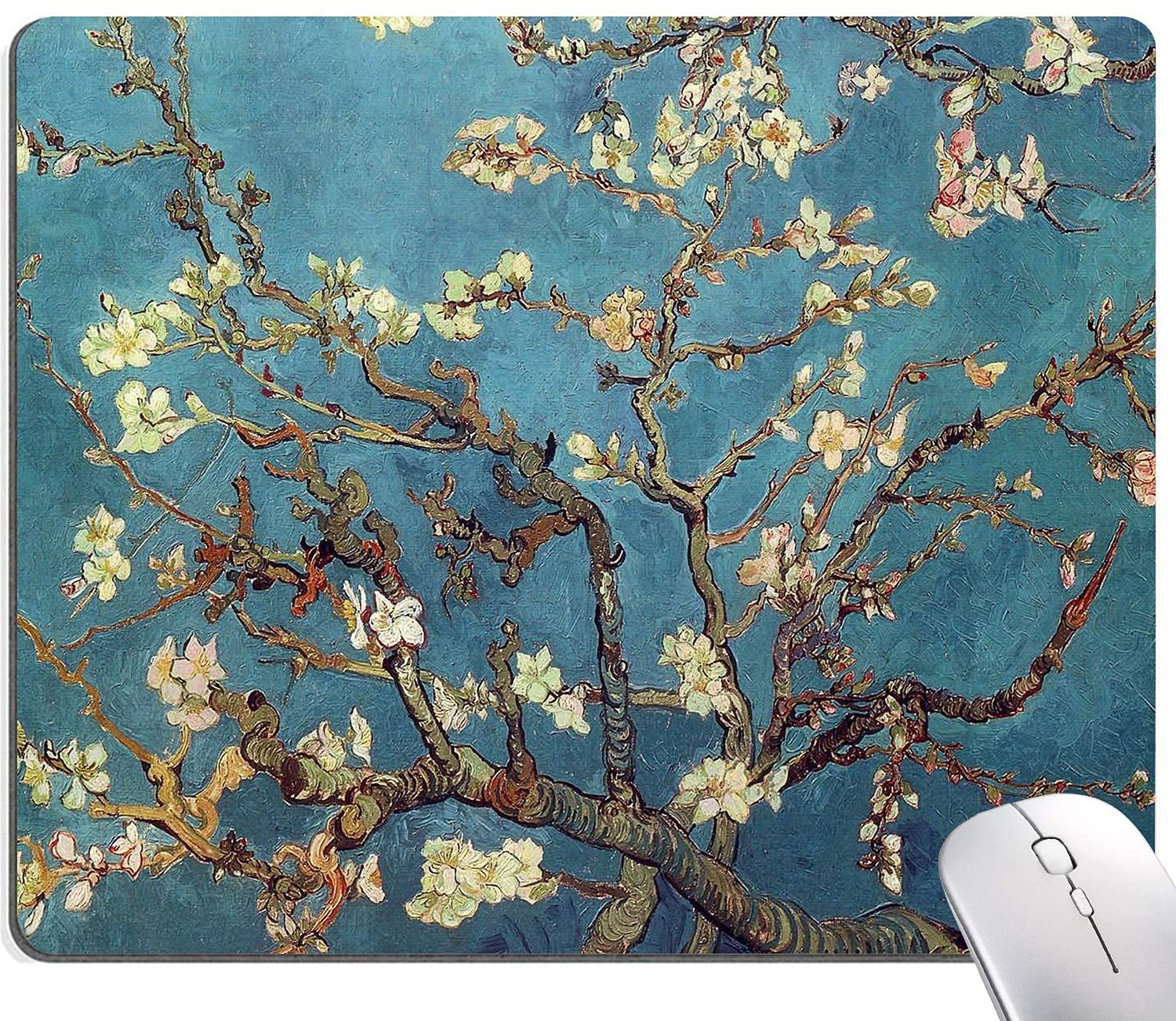 Van Gogh Almond Blossoms Mouse Pad - Non-Slip Rubber Base Square Waterproof Office Desk Mat for Laptop & Computer (Home & Office Use) - Floral Oil Painting Design Inspired by Van Gogh's Masterpiece