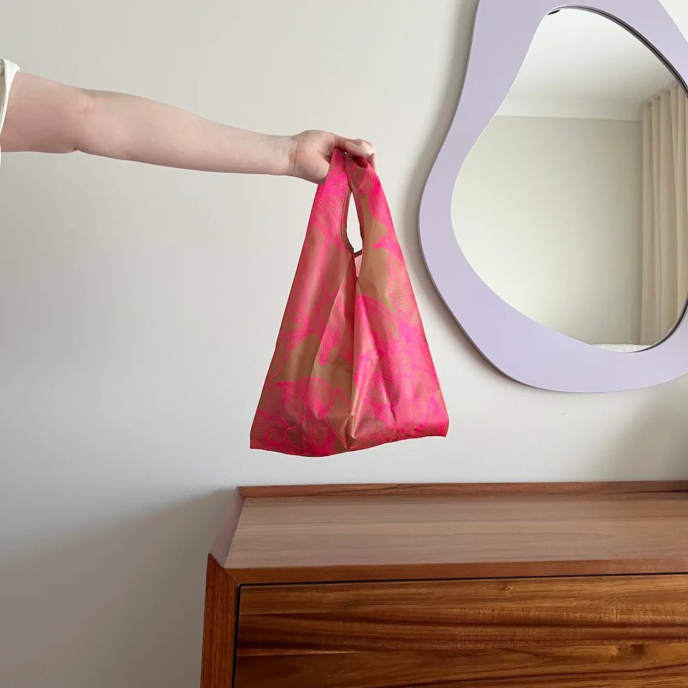 Eco-Friendly Reusable Shopping Bags - 2 Pack with Neon Pink & Tan Floral Designs - Perfect for Groceries, Beach Trips & Farmers Markets