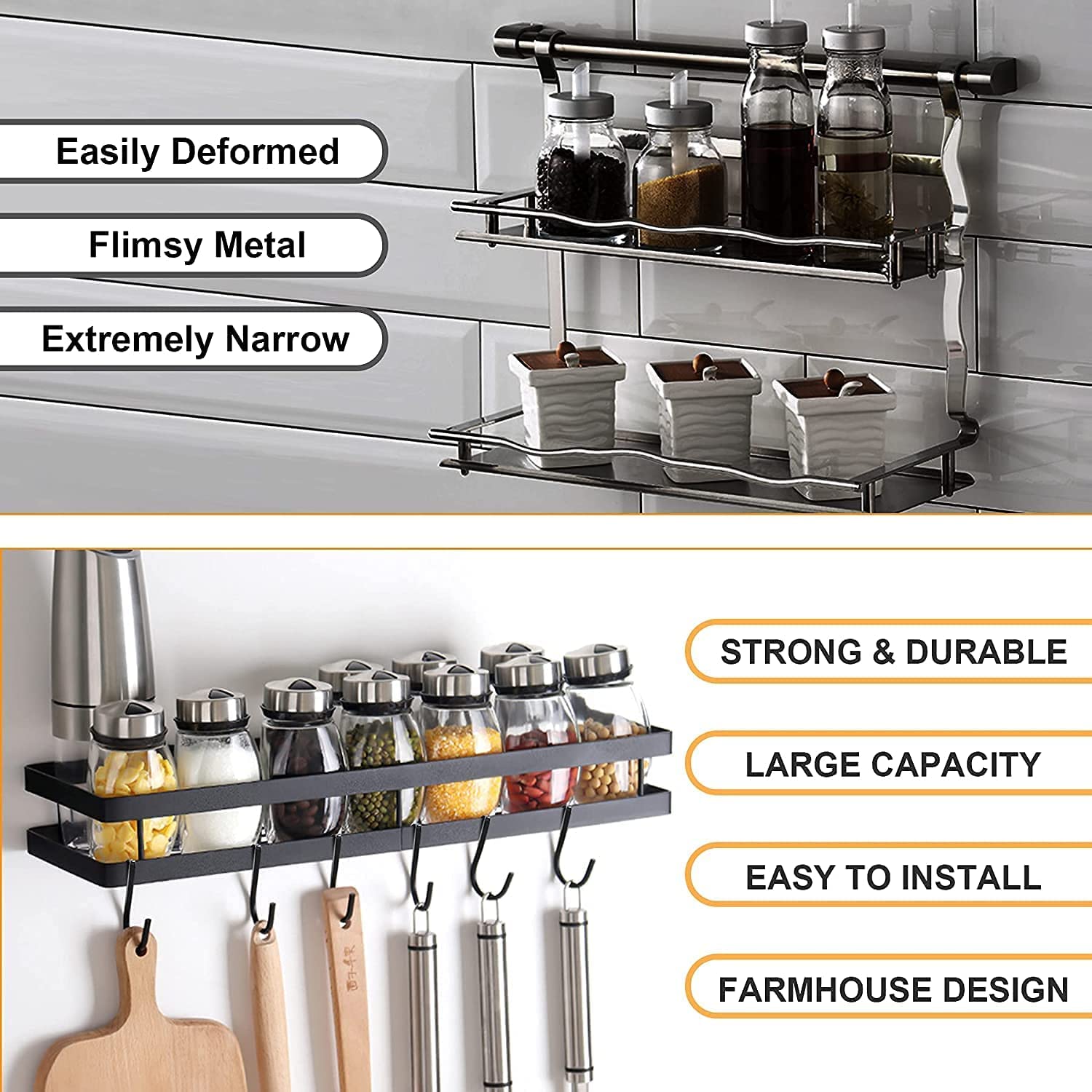 MFS Craft World 2-Pack Spice Rack Organizer Set - Wall Mounted & Cabinet Storage Shelf for Kitchen, Countertop - Space Saving Spice Shelf for Pantry Organization (Black, Carbon Steel) - Perfect for Small Kitchens & Apartment Living