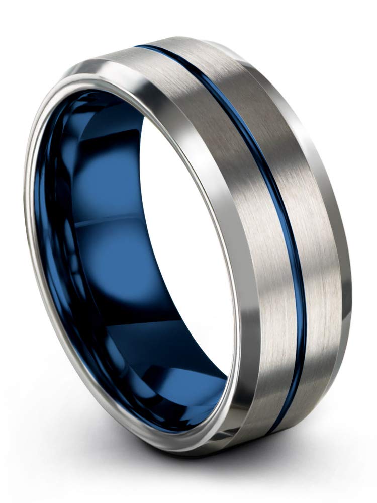 8mm Tungsten Carbide Wedding Band Ring for Men & Women - Blue Black Center Line, Beveled Edge, Brushed & Polished Finish - Custom Engraved for Anniversary & Engagement - Perfect for Everyday Wear, Gift Giving & Special Occasions