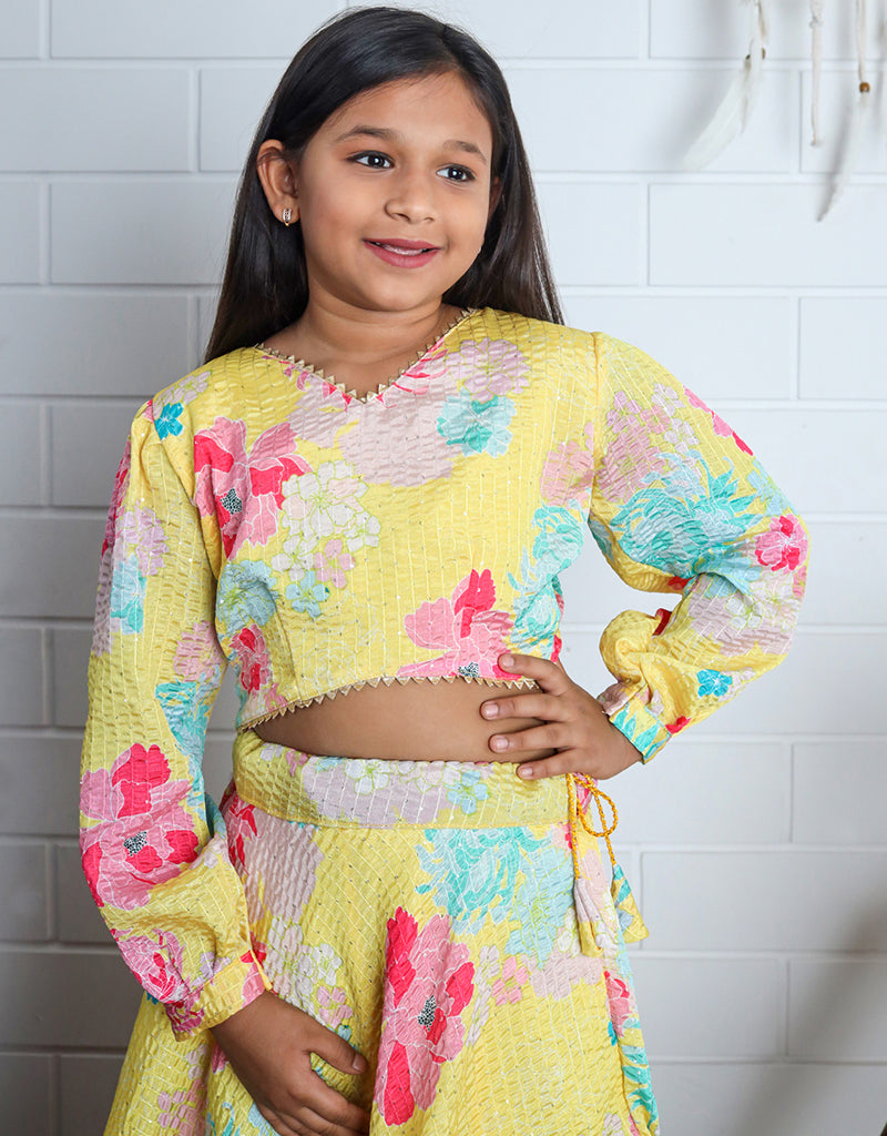 All-Season Designer Chinon Sequins Crochet Digital Print Kids Lehenga Choli Set in Yellow - Perfect for Festivals, Weddings & Special Occasions