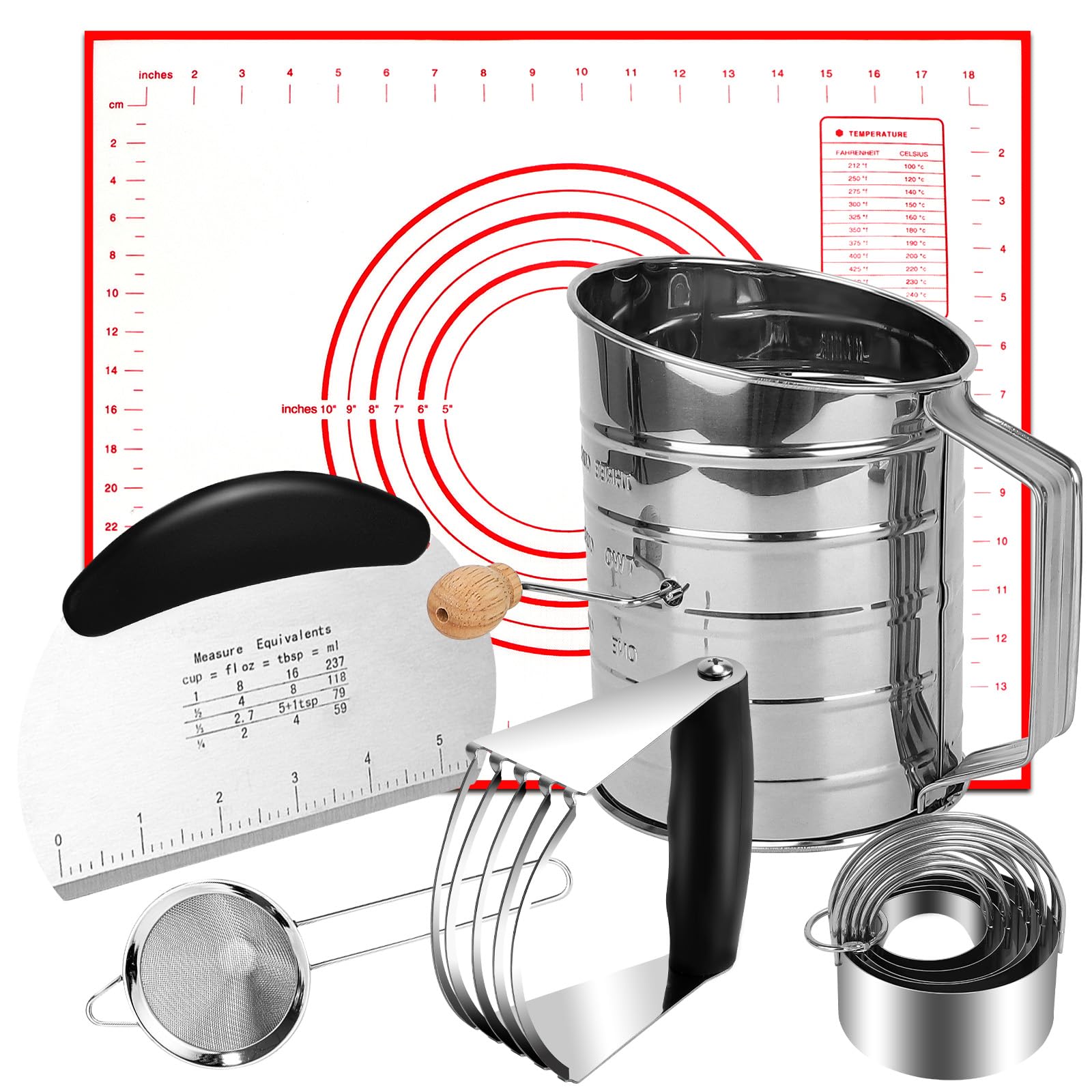 10PCS Stainless Steel Biscuit Cutter Set - Pastry Blender, Dough Cutter, 5 Cookie Cutters & 3 Baking Tools (Flour Sifter, Mesh Strainer, Non-Slip Mat) - Perfect for Homemade Cookies, Donuts & Pastry Baking