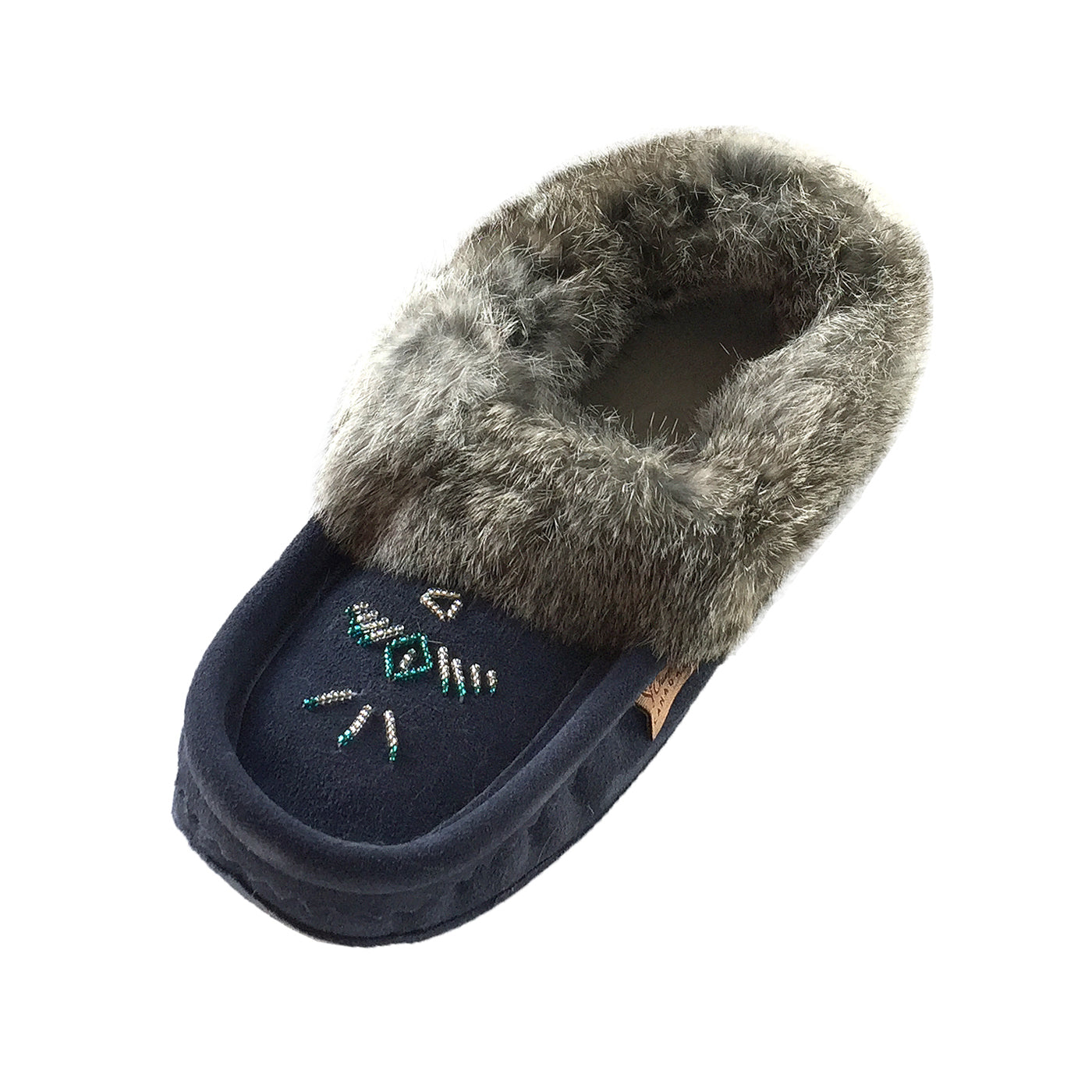 Women's Soft Rabbit Fur Thunderbird Beaded Moccasins - Comfortable Navy Blue Native American Style Slip-On Shoes for Casual Wear, Home & Winter Indoor Use