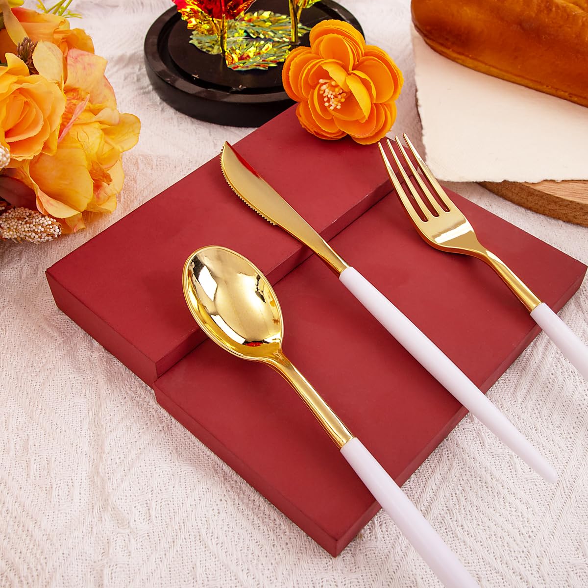 96 Pcs Gold Plastic Silverware Set - Disposable Gold Utensils with White Handle (32 Knives, 64 Spoons & Forks) for Wedding, Party, Catering & Events - Elegant Disposable Cutlery for Special Occasions