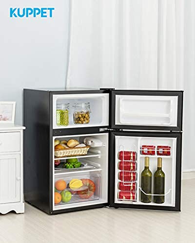 3.2 Cu.Ft Mini Compact Refrigerator with Freezer - Double Door Small Fridge for Dorm, Office, Garage, Basement, RV & Camping - Energy Efficient Black Mini Fridge (Perfect for Snacks, Drinks & Small Spaces)