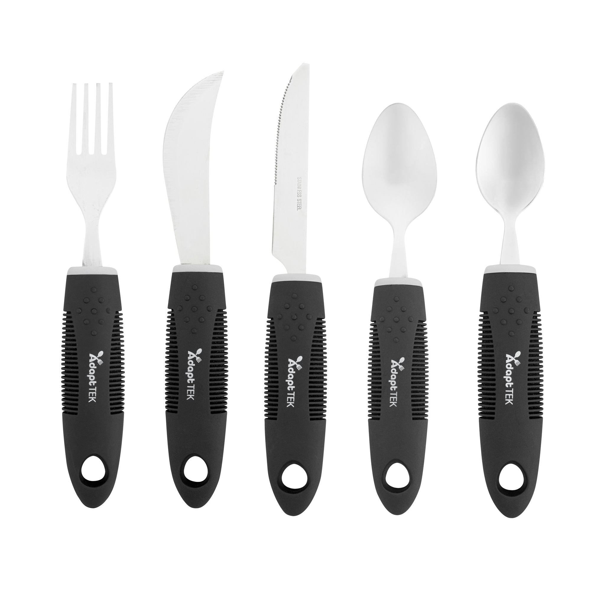 Adapt Tek Black Stainless Steel 5-Piece Adaptive Utensil Set - Lightweight, Non-Slip Grip, Ergonomic Design for Easy Eating - Perfect for Seniors, Arthritis & Hand Mobility Challenges (1 Count Box)