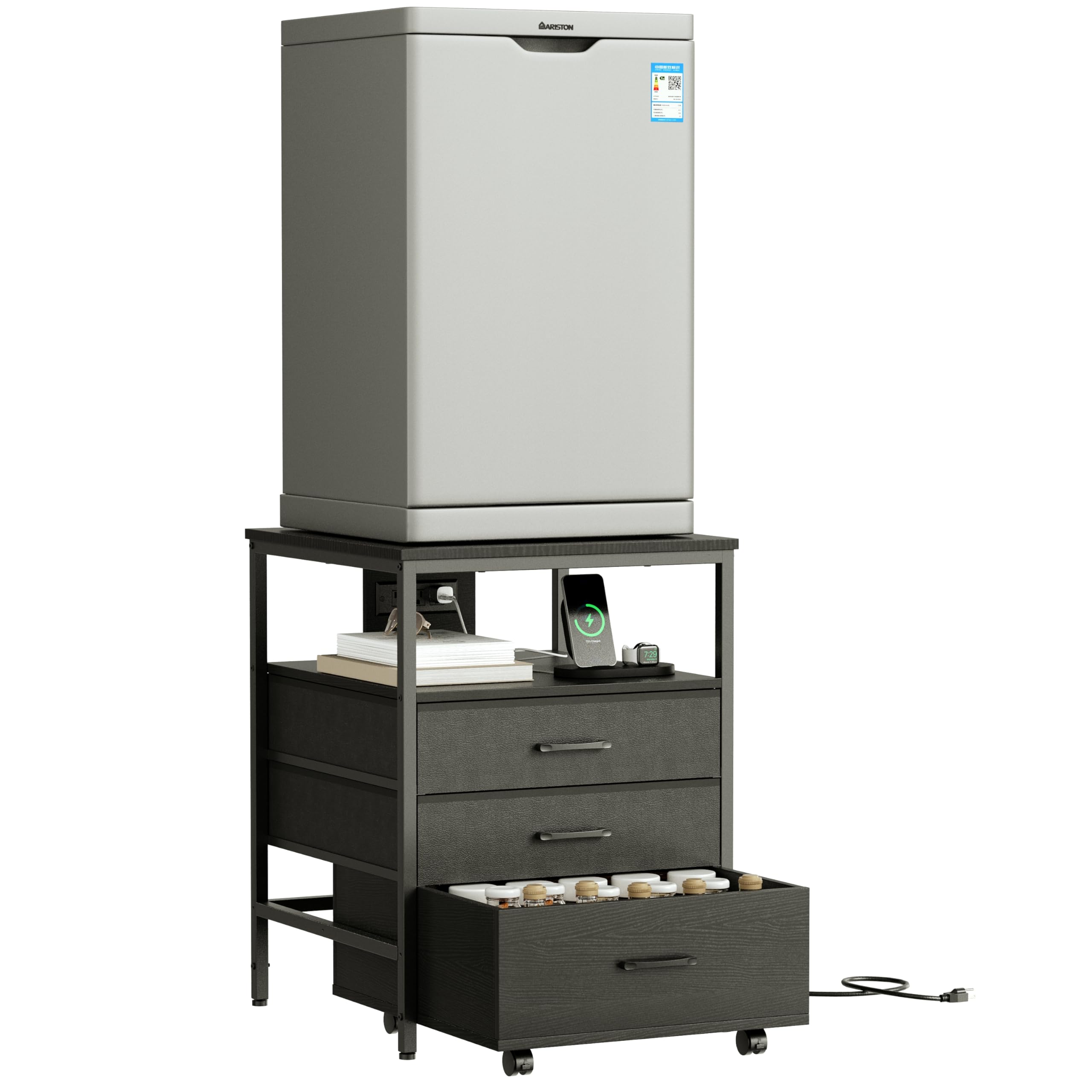 **4-Tier Mini Fridge Stand with Storage & Power Outlet - Heavy-Duty Rolling Cabinet Organizer for Home, Office, Dorm, or Kitchen - Ergonomic Refrigerator Table (Black, HB02BXB) - Perfect for Small Spaces & Beverage Storage**