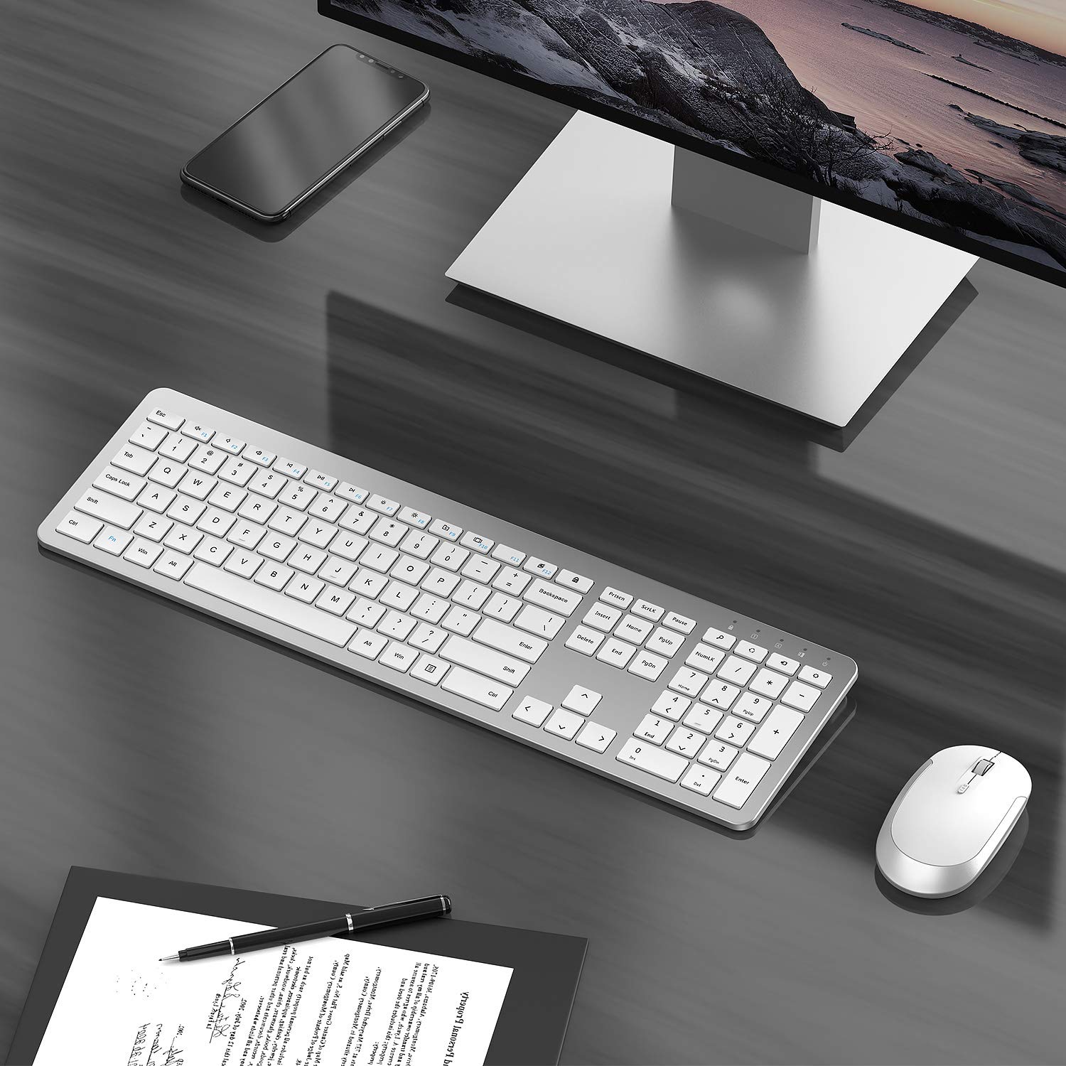Slim Wireless Keyboard and Mouse Combo with Numeric Keypad - 2.4G Full Size Wireless Keyboard & Mouse Set with Adjustable DPI, Stable Connection (White & Silver) for Home Office, Gaming, and Productivity Work