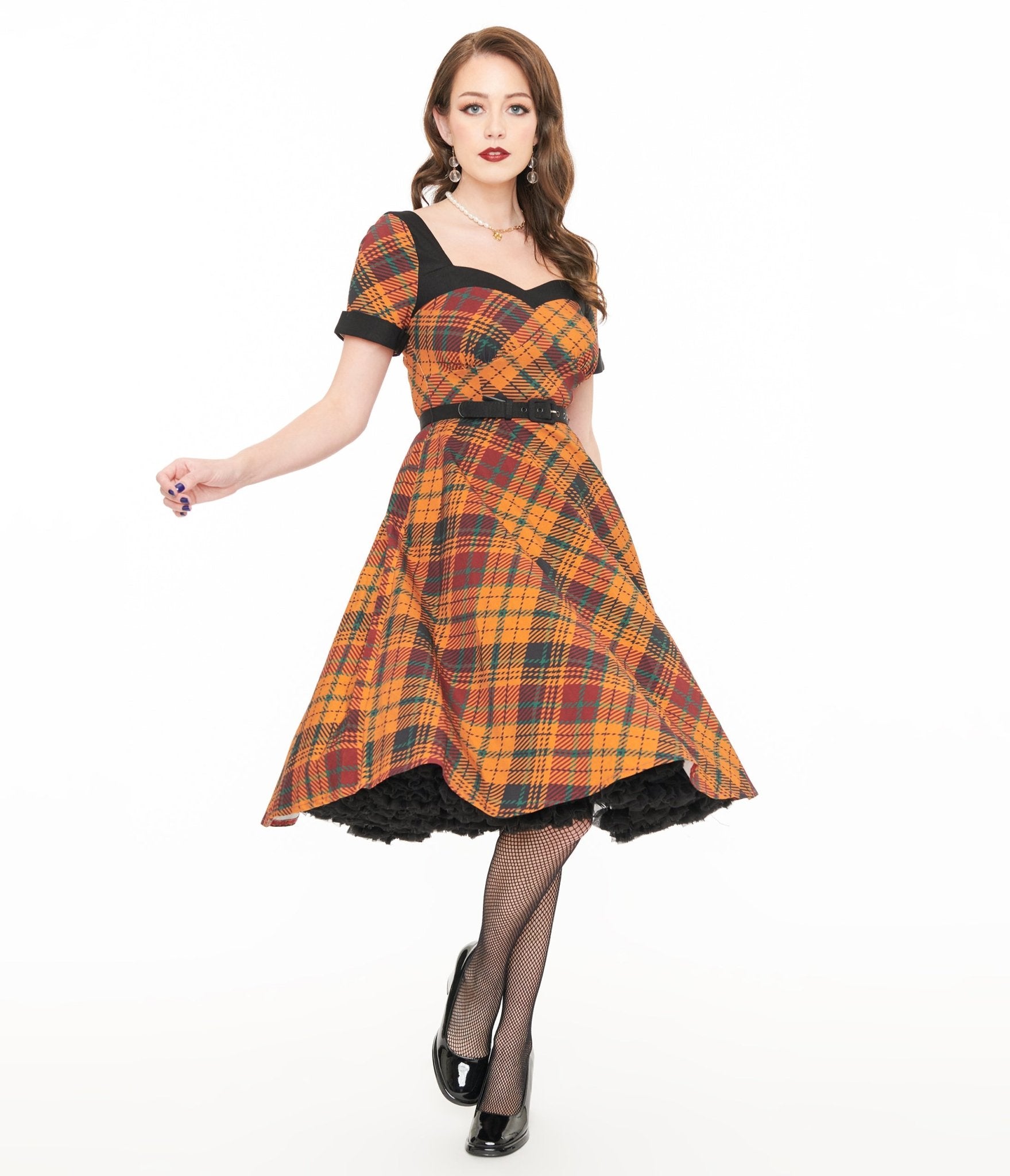 Vintage 1950s Mustard Yellow & Burgundy Plaid Swing Dress - Retro 50s Style A-Line Dress for Women, Perfect for Cocktail Parties, Weddings & Vintage Themed Events