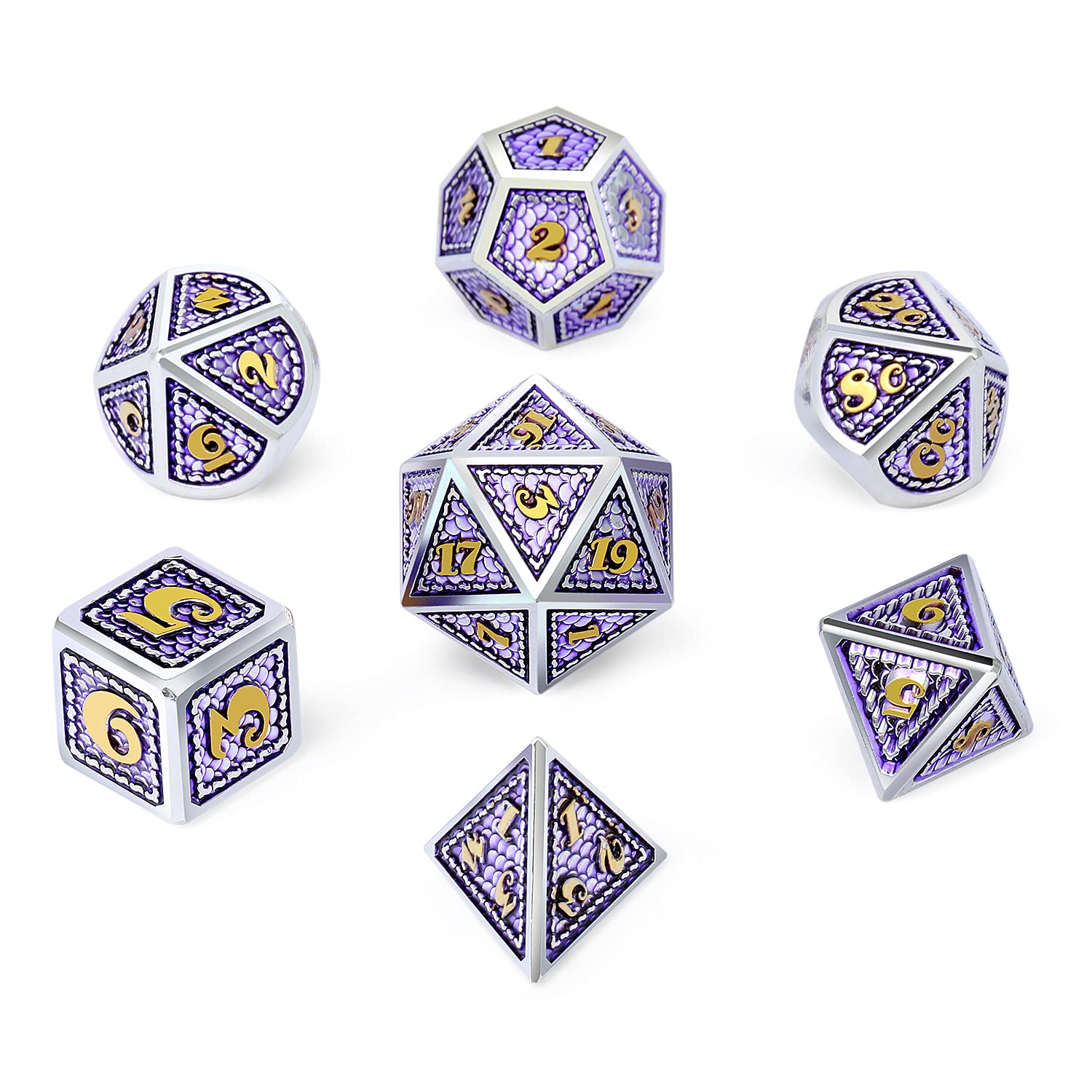DNDND Metal DND Dice Set - 7-Piece Dragon Scale Metallic D&D Dice with Velvet Pouch for Dungeons & Dragons RPG Games (Lilac with Silver Edge) | Perfect for Tabletop Gaming, D&D Sessions & Fantasy Role-Playing Adventures