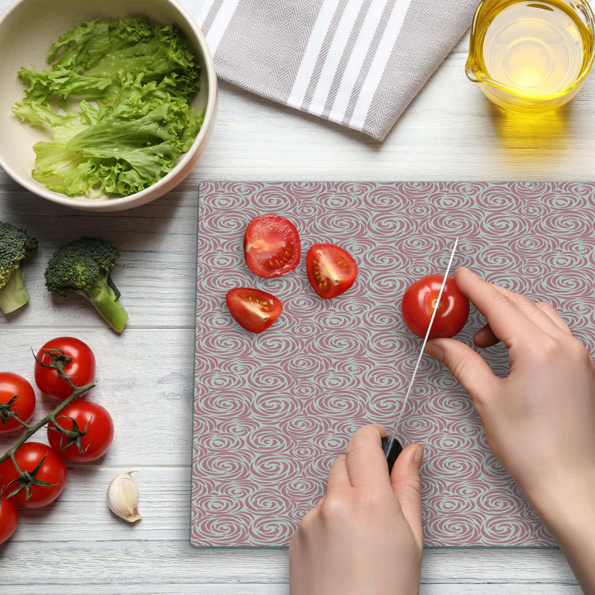 Ambesonne Rose Tempered Glass Cutting Board - Large Floral Design with Abstract Swirl Patterns in Pale Pink & Off White - Perfect for Kitchen Prep, Charcuterie Serving & Home Decor