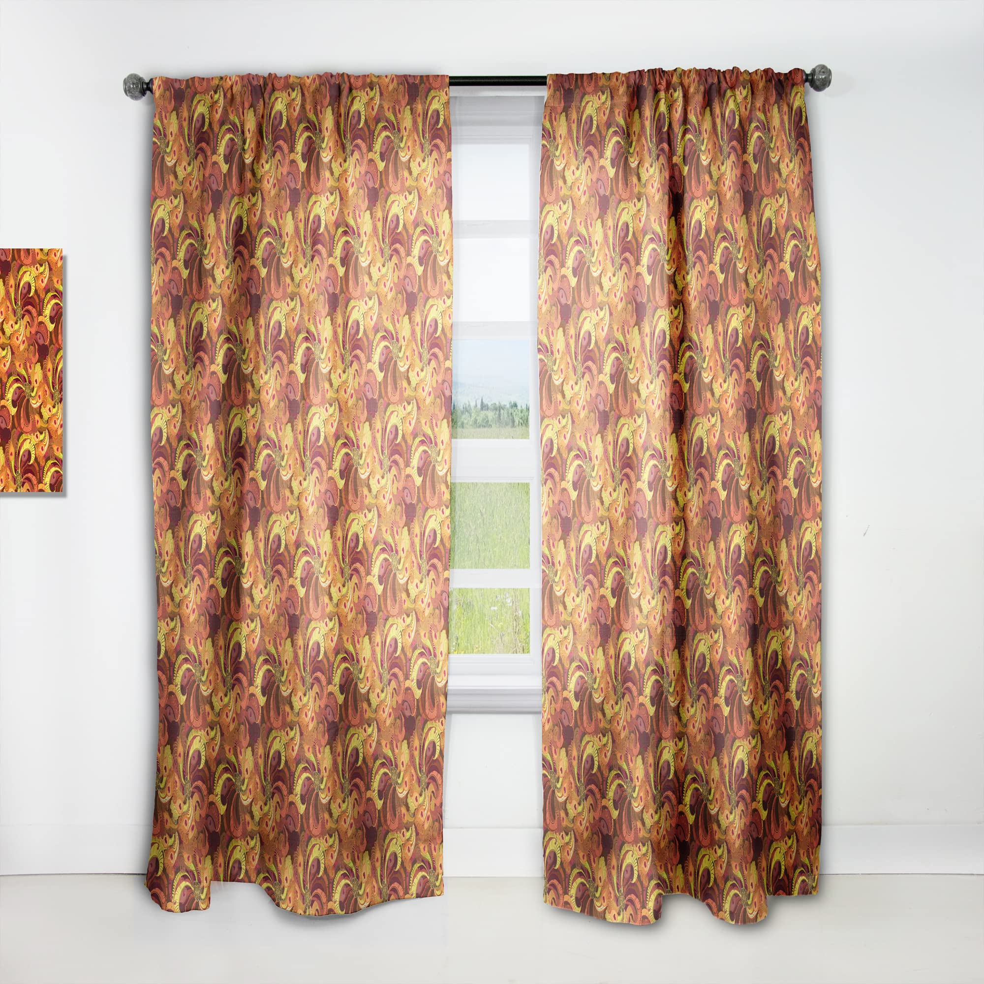 DesignQ Thermal Insulated Curtains - Golden Orange & Red Peacock Feather Pattern - 52x120 Inch Single Panel for Bedroom & Living Room - Energy Saving, Blackout Drapes for Home Decor