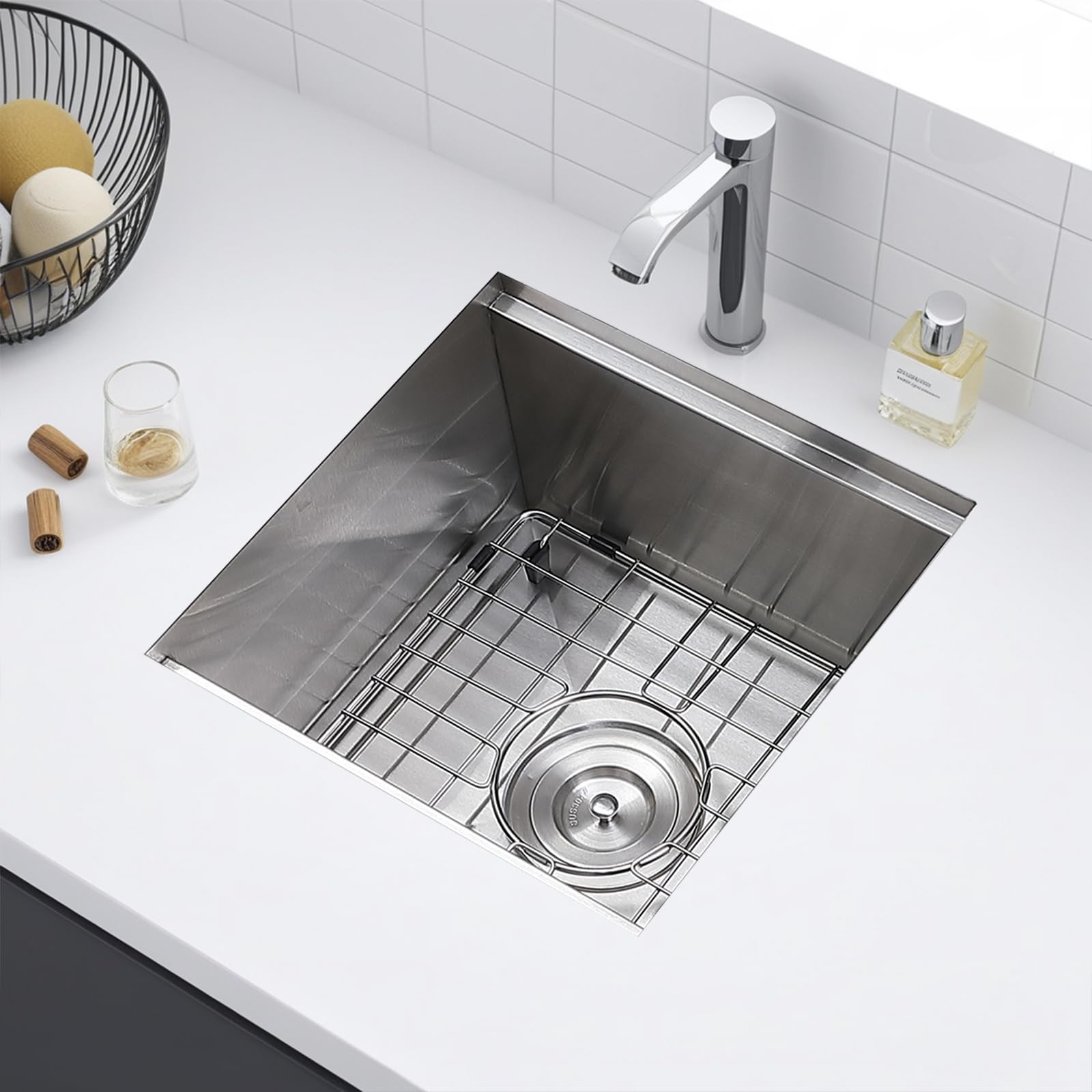15x15 Inch Stainless Steel Undermount Bar Sink | 16 Gauge Commercial Grade Prep Sink with Accessories | Perfect for RV Kitchen, Wet Bar & Small Space Workstations | Durable & Stylish Single Bowl Design for Food Prep & Beverage Service