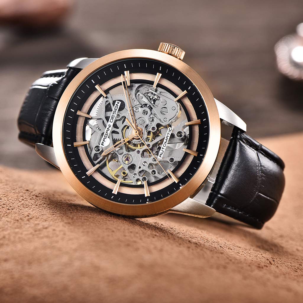 PAGANI DESIGN Automatic Skeleton Mechanical Watch for Men - Waterproof, Self-Winding, Genuine Leather Band, Stainless Steel Case - Luxury Analog Timepiece for Business & Formal Occasions